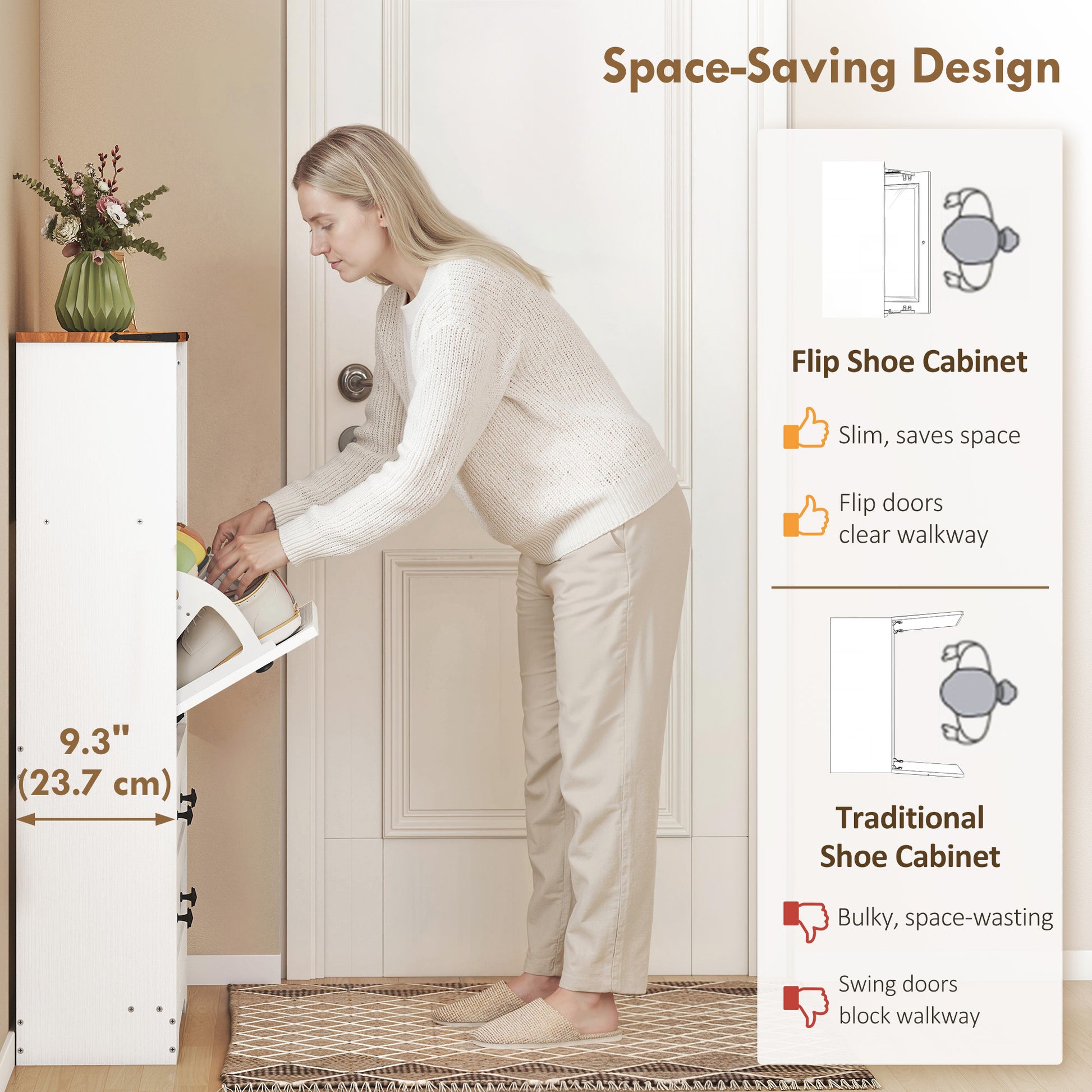 Shoe Cabinet with 2 Flip Drawers, Narrow Shoe Storage Cabinet, White-Home Furnishings > Storage & Organization > Shoe Storage Cabinets & Racks-DECOROLALA