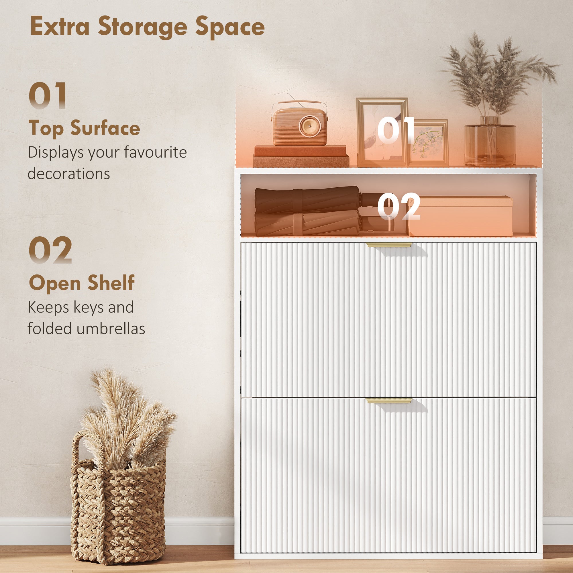 Shoe Cabinet with 2 Flip Drawers Narrow Shoe Storage Cabinet with Top Shelf for Entryway Hallway White-Home Furnishings > Storage & Organization > Shoe Storage Cabinets & Racks-DECOROLALA