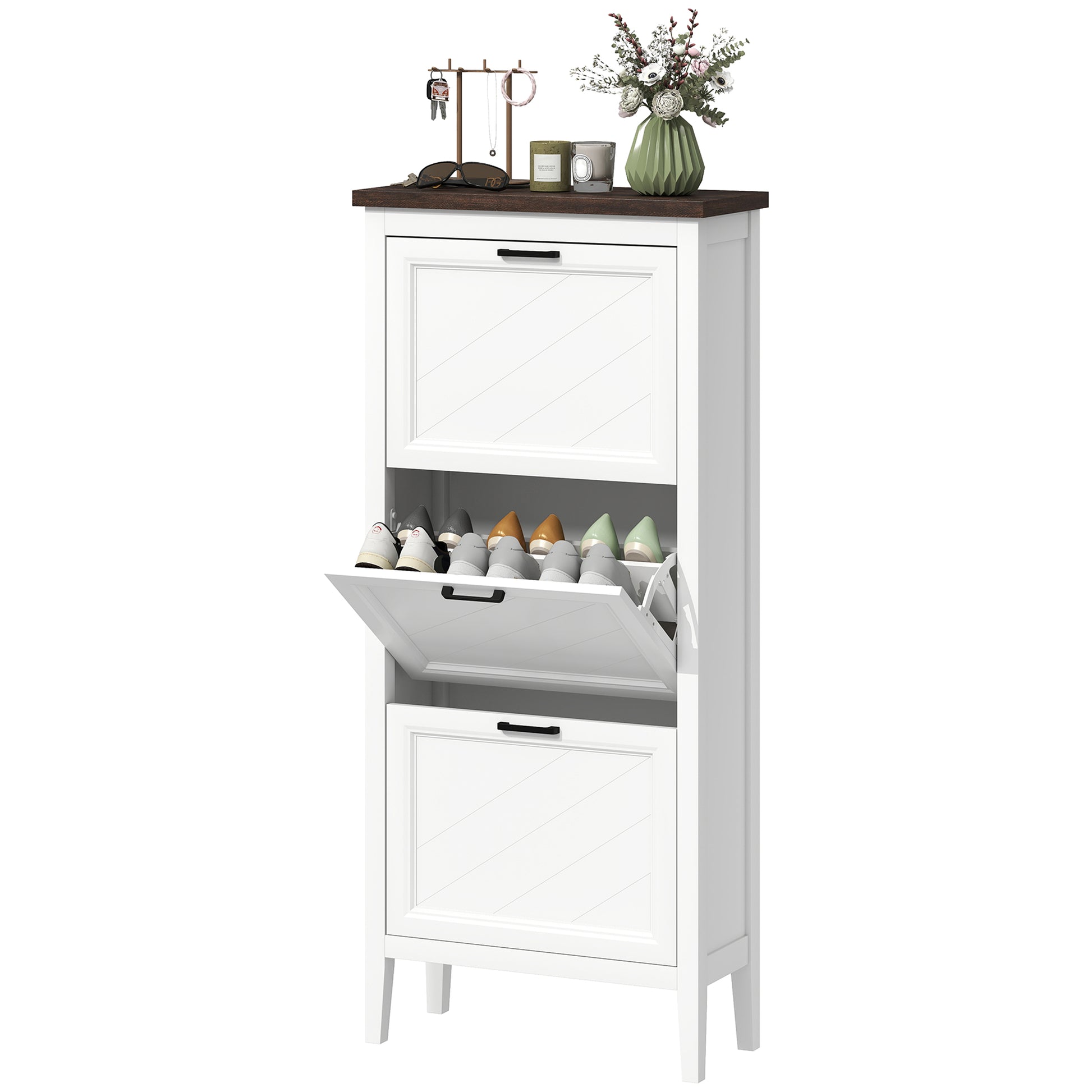 Shoe Cabinet with 3 Flip Drawers, Farmhouse Narrow Shoe Storage Cabinet with Adjustable Shelves, White-Home Furnishings > Storage & Organization > Shoe Storage Cabinets & Racks-DECOROLALA