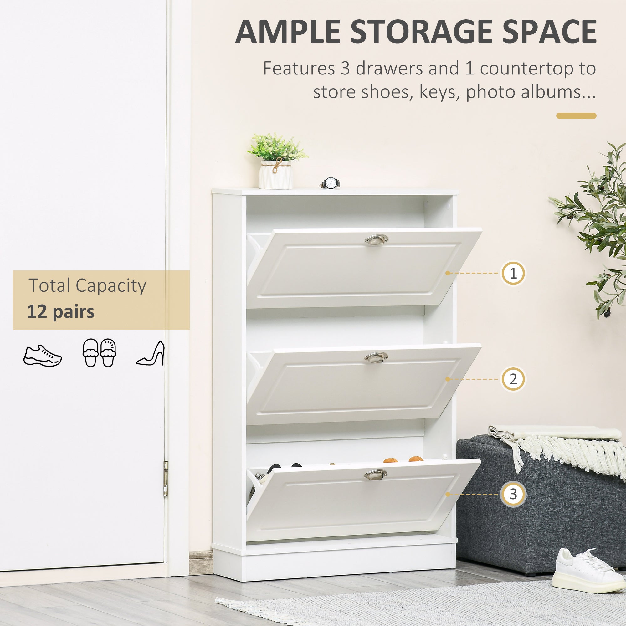 Shoe Cabinet with 3 Flip Drawers, Narrow Shoe Storage Cabinet, Holds 12 Pairs for Entryway, Hallway, White-Home Furnishings > Storage & Organization > Shoe Storage Cabinets & Racks-DECOROLALA