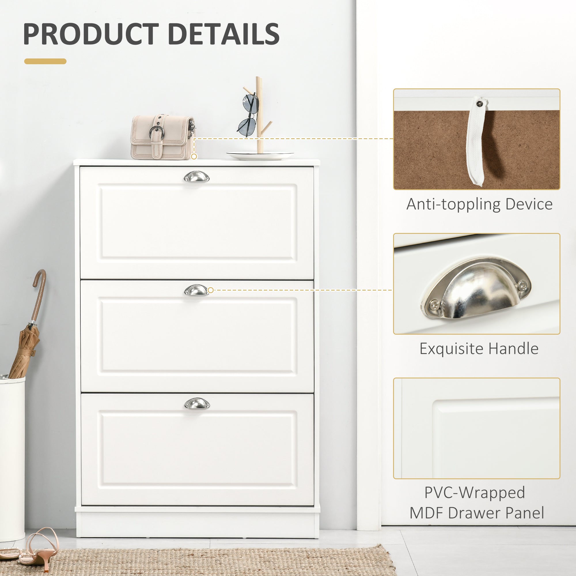 Shoe Cabinet with 3 Flip Drawers, Narrow Shoe Storage Cabinet, Holds 12 Pairs for Entryway, Hallway, White-Home Furnishings > Storage & Organization > Shoe Storage Cabinets & Racks-DECOROLALA