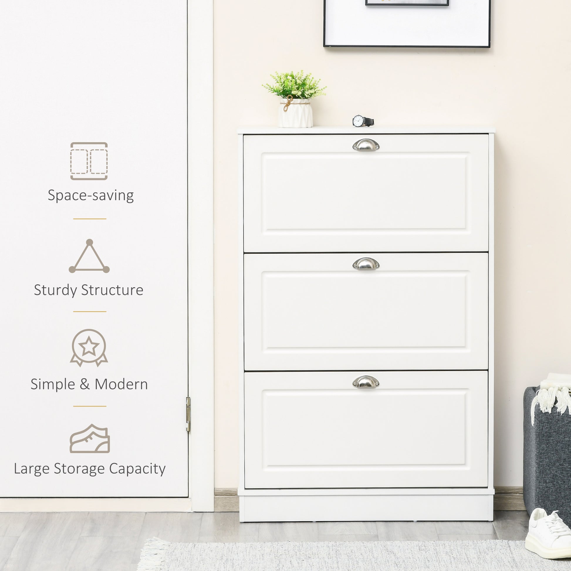 Shoe Cabinet with 3 Flip Drawers, Narrow Shoe Storage Cabinet, Holds 12 Pairs for Entryway, Hallway, White-Home Furnishings > Storage & Organization > Shoe Storage Cabinets & Racks-DECOROLALA