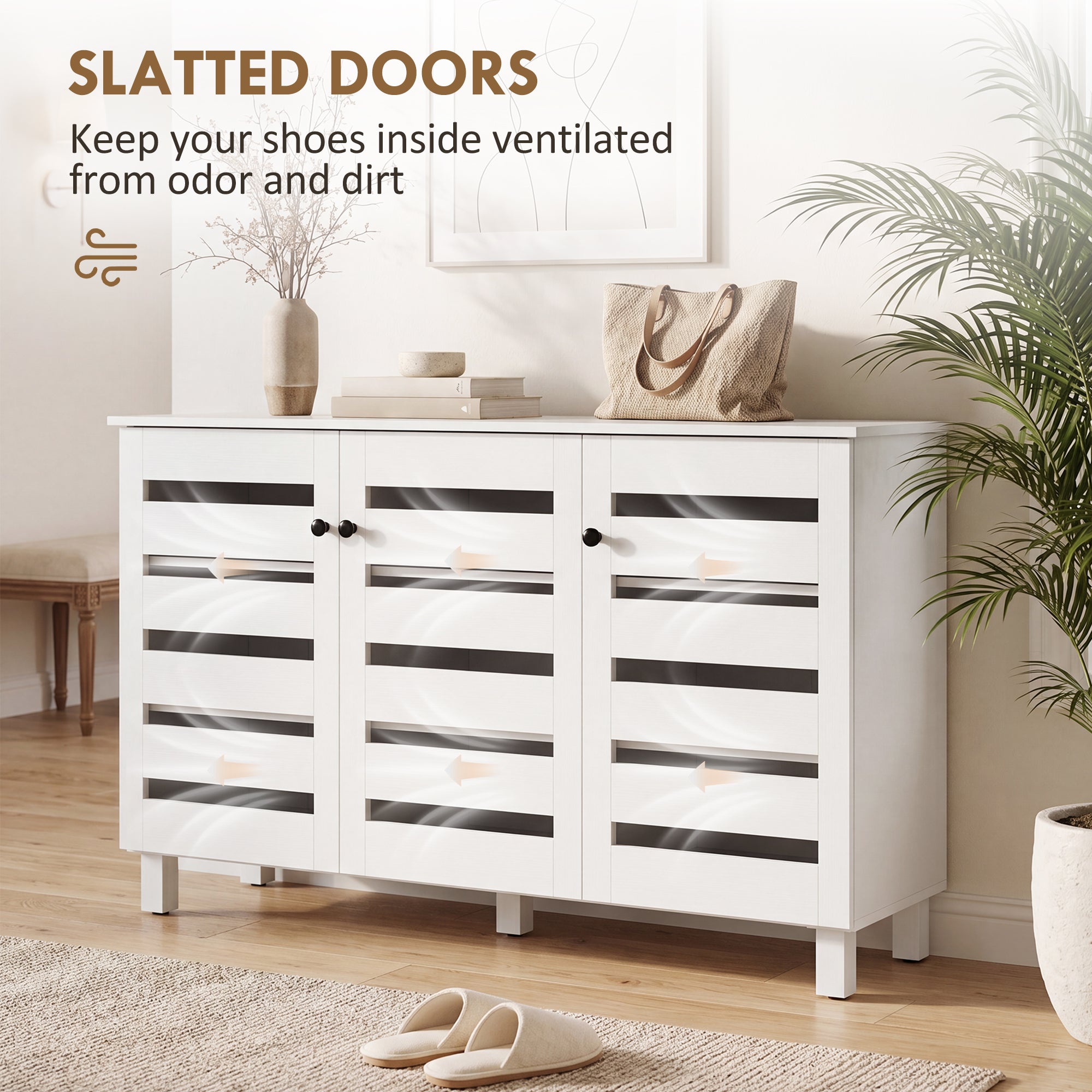 Shoe Cabinet with 3 Slatted Doors, 3-tier Shelving Rack Cabinet with Adjustable Shelves for 15 Pairs of Shoes, White-Home Furnishings > Storage & Organization > Shoe Storage Cabinets & Racks-DECOROLALA