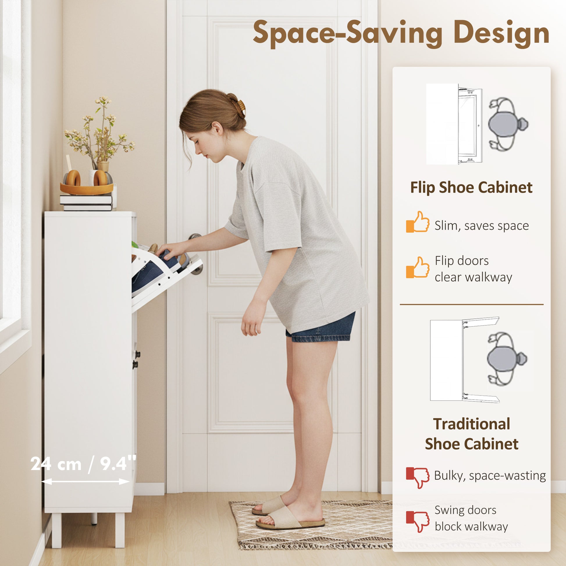 Shoe Cabinet with 4 Flip Drawers, Freestanding Narrow Shoe Storage Cabinet with Adjustable Shelves, Open Back, White-Home Furnishings > Storage & Organization > Shoe Storage Cabinets & Racks-DECOROLALA