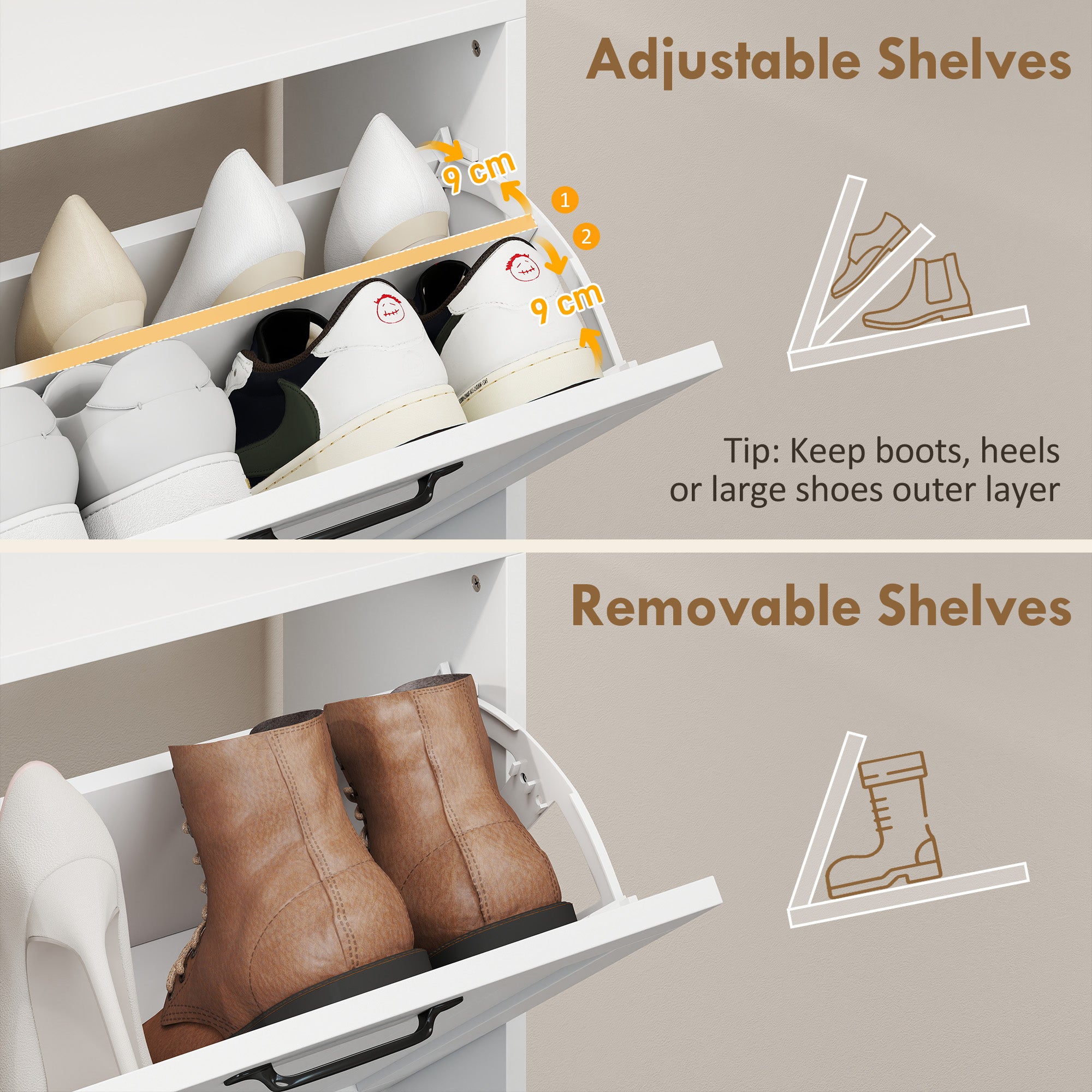 Shoe Cabinet with 4 Flip Drawers, Freestanding Narrow Shoe Storage Cabinet with Adjustable Shelves, Open Back, White-Home Furnishings > Storage & Organization > Shoe Storage Cabinets & Racks-DECOROLALA