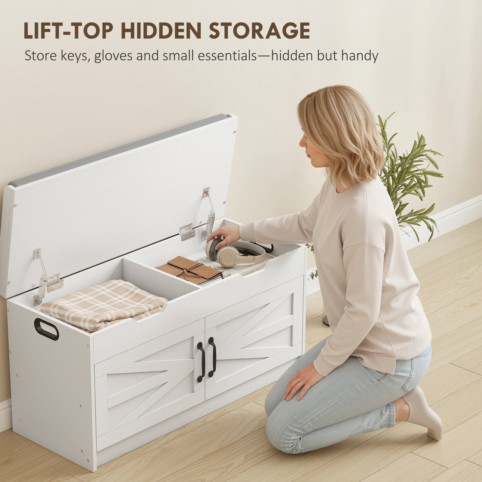 Shoe Storage Bench, Entryway Bench with 2-Tier Cabinet, Flip-Top Storage, Padded Cushion for Hallway, White-Home Furnishings > Storage & Organization > Shoe Storage Cabinets & Racks-DECOROLALA