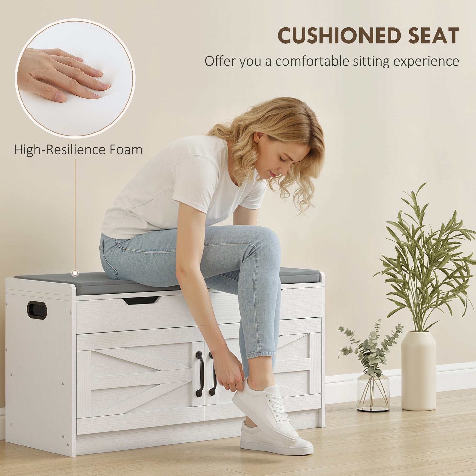 Shoe Storage Bench, Entryway Bench with 2-Tier Cabinet, Flip-Top Storage, Padded Cushion for Hallway, White-Home Furnishings > Storage & Organization > Shoe Storage Cabinets & Racks-DECOROLALA