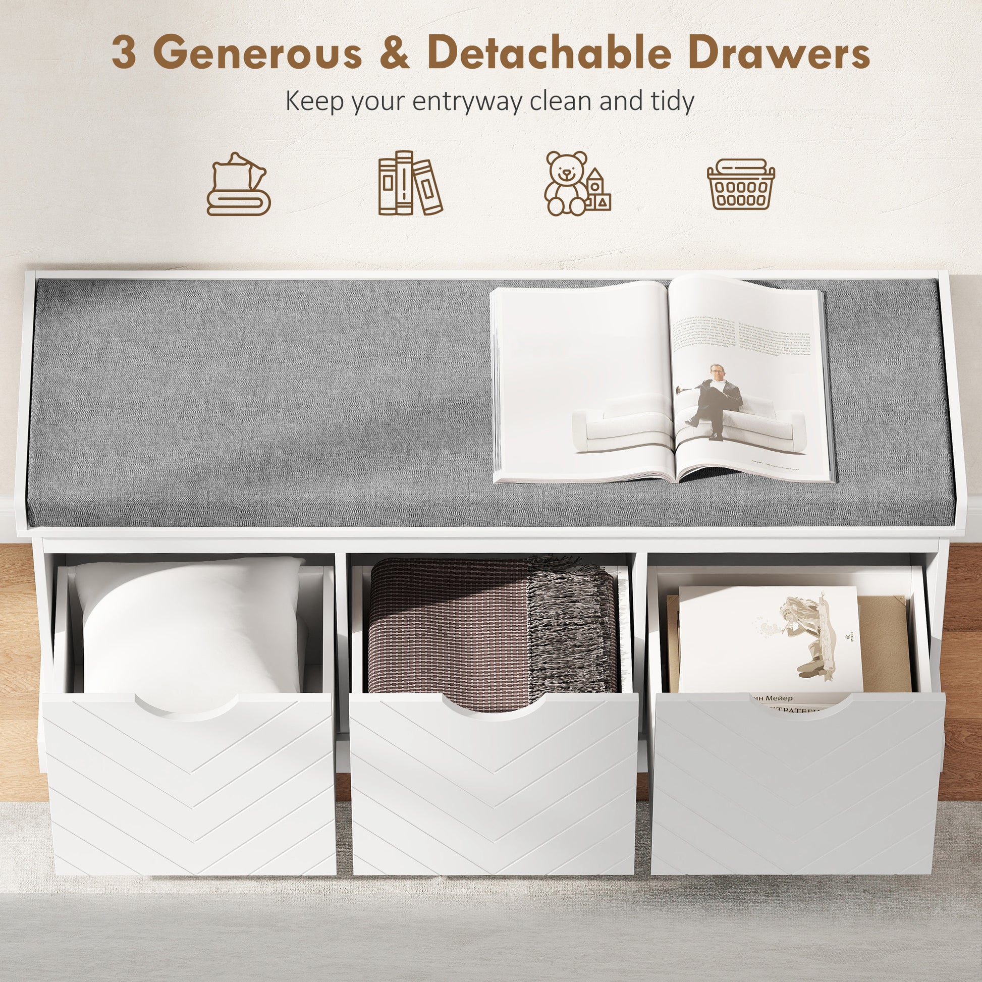 Shoe Storage Bench, Linen-Look Entryway Bench with 3 Removable Drawers and Padded Seat Cushion for Hallway, White-Home Furnishings > Storage & Organization > Shoe Storage Cabinets & Racks-DECOROLALA