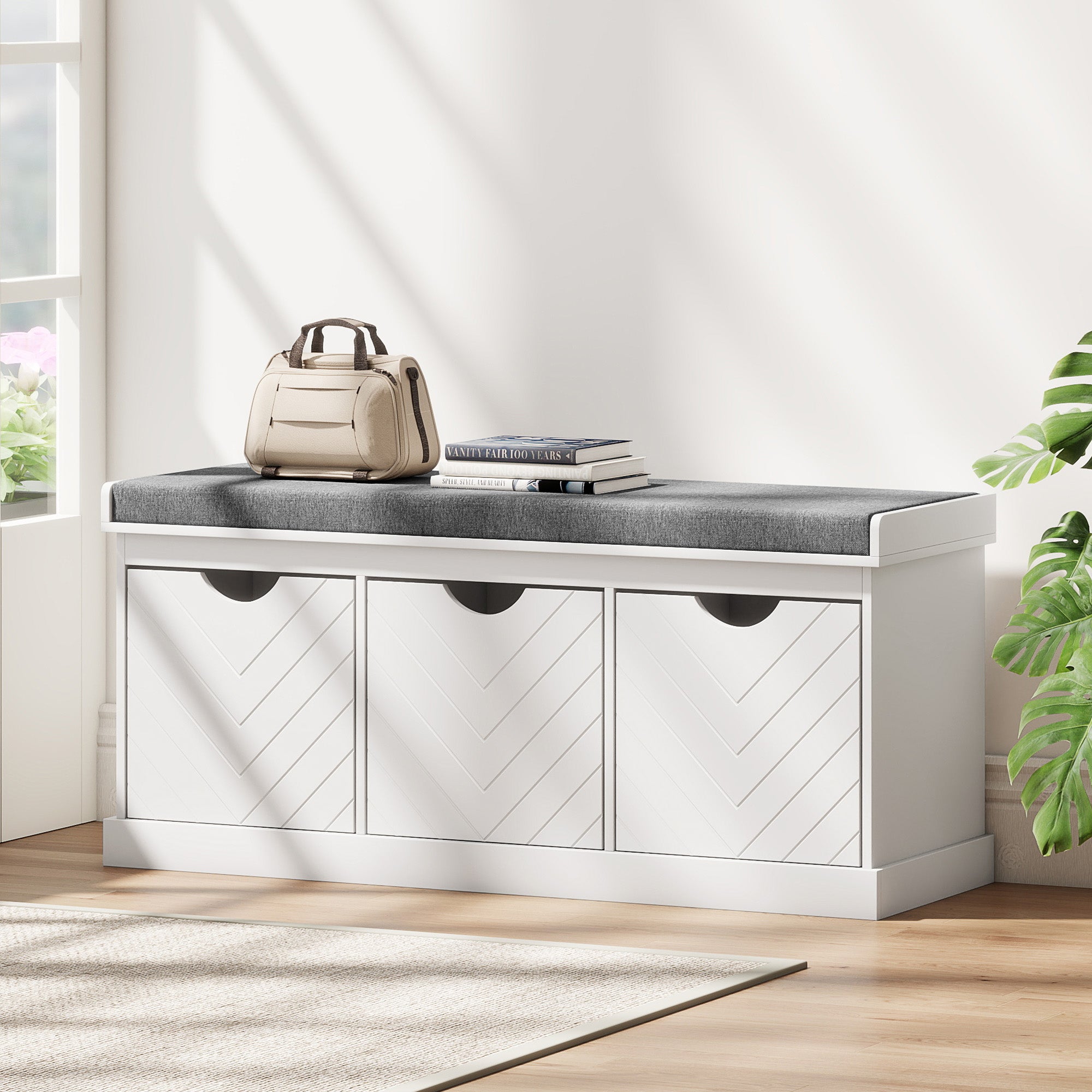 Shoe Storage Bench, Linen-Look Entryway Bench with 3 Removable Drawers and Padded Seat Cushion for Hallway, White-Home Furnishings > Storage & Organization > Shoe Storage Cabinets & Racks-DECOROLALA