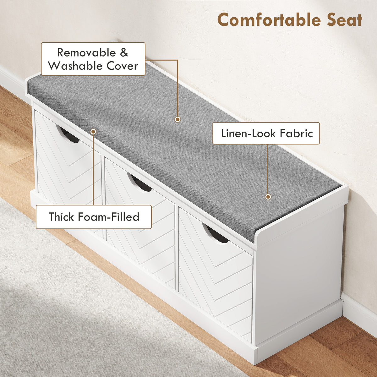 Shoe Storage Bench - White Entryway Bench with 3 Drawers-Home Furnishings > Storage & Organization > Shoe Storage Cabinets & Racks-DECOROLALA