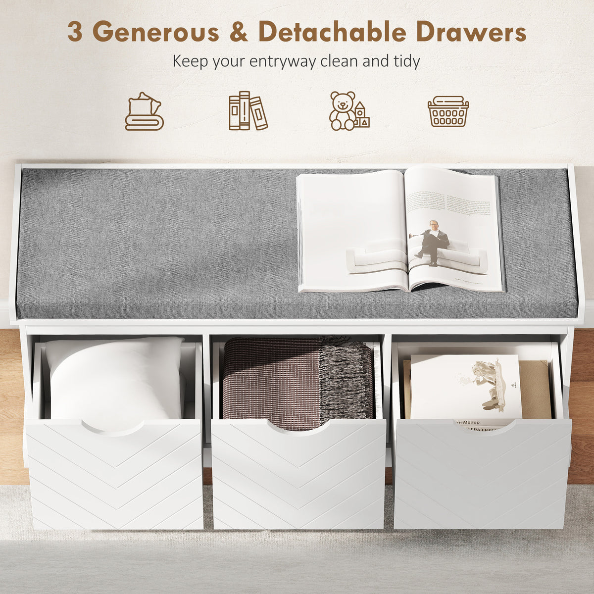 Shoe Storage Bench - White Entryway Bench with 3 Drawers-Home Furnishings > Storage & Organization > Shoe Storage Cabinets & Racks-DECOROLALA