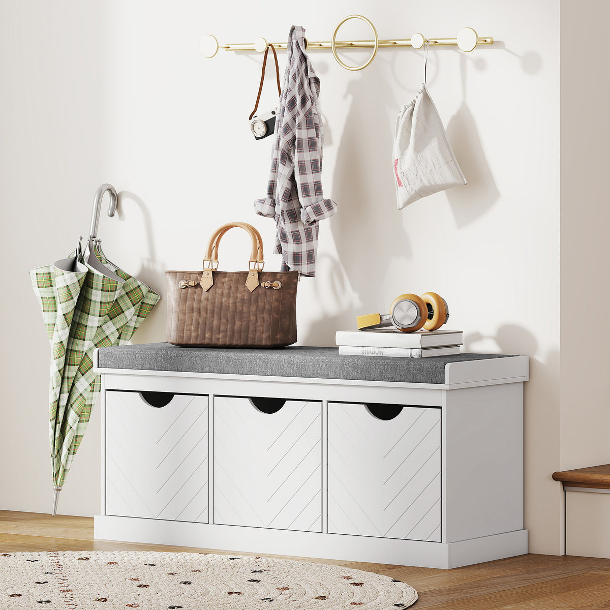 Shoe Storage Bench - White Entryway Bench with 3 Drawers-Home Furnishings > Storage & Organization > Shoe Storage Cabinets & Racks-DECOROLALA