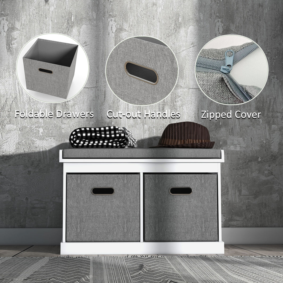 Shoe Storage Bench with Cushion & 2 Drawers - White-Home Furnishings > Storage & Organization > Shoe Storage Cabinets & Racks-DECOROLALA