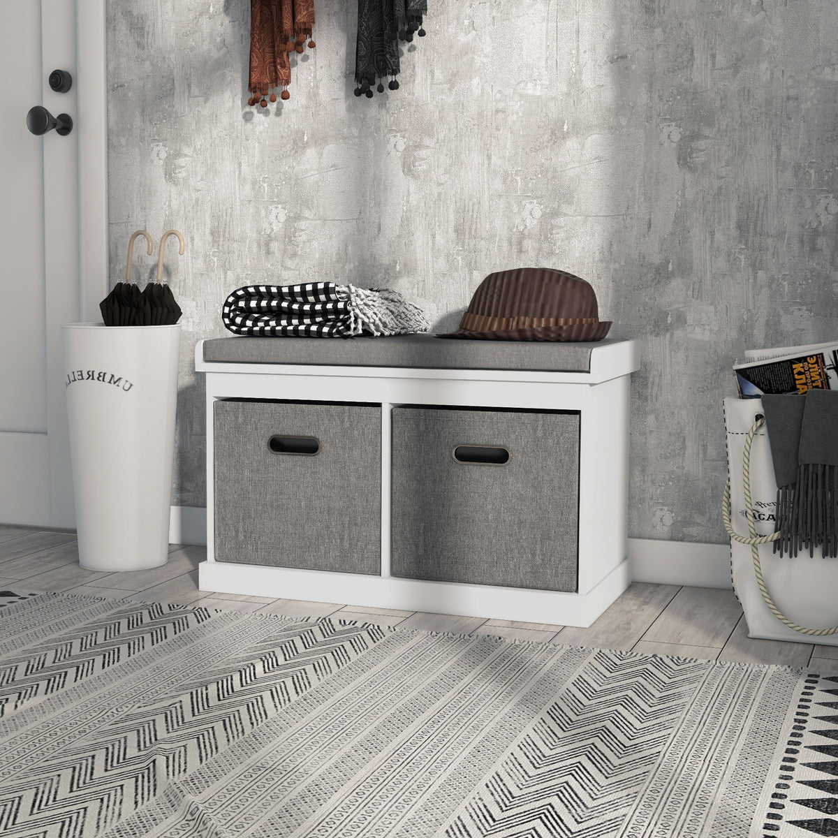 Shoe Storage Bench with Cushion & 2 Drawers - White-Home Furnishings > Storage & Organization > Shoe Storage Cabinets & Racks-DECOROLALA