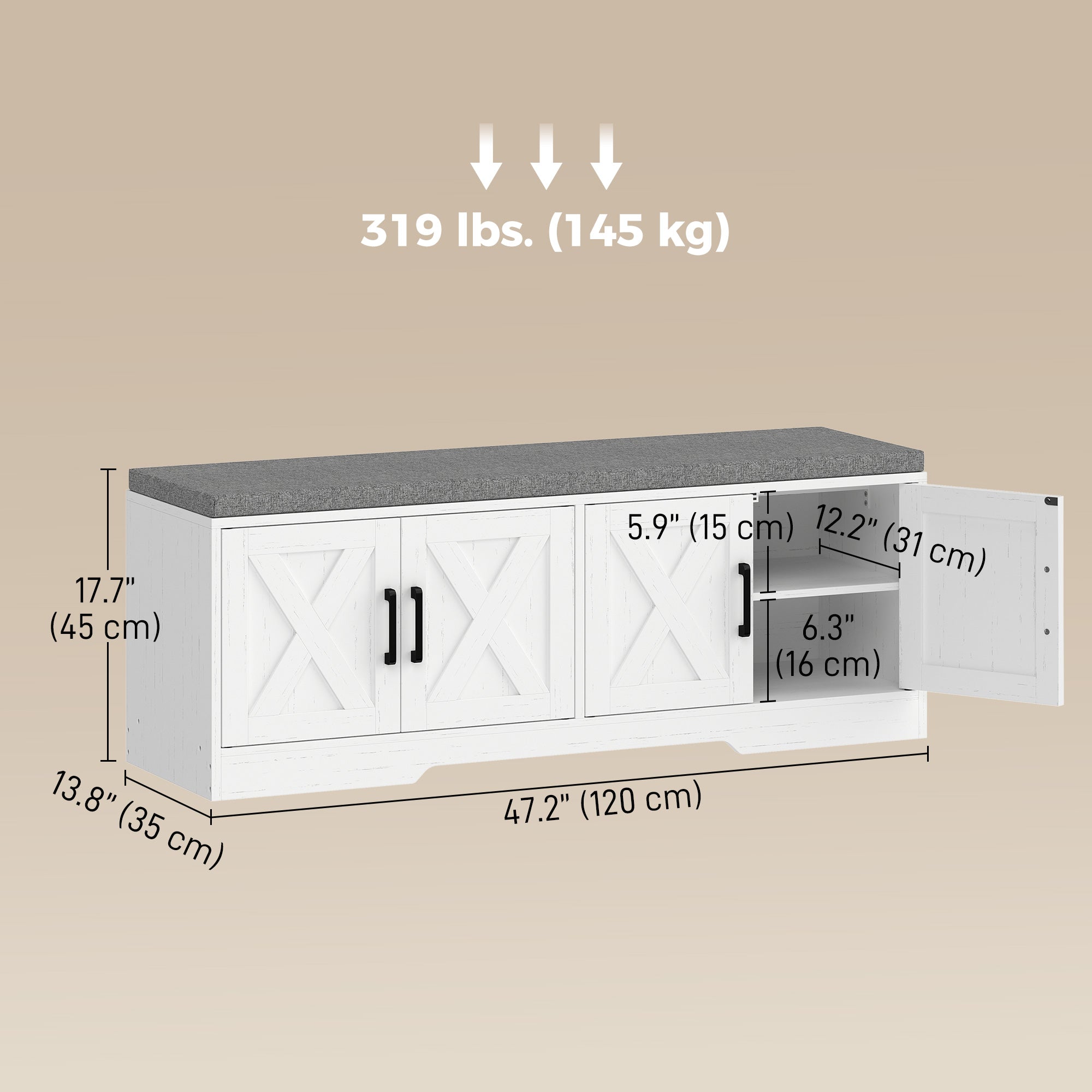 Shoe Storage Bench with Cushion and Doors - White-Home Furnishings > Storage & Organization > Shoe Storage Cabinets & Racks-DECOROLALA