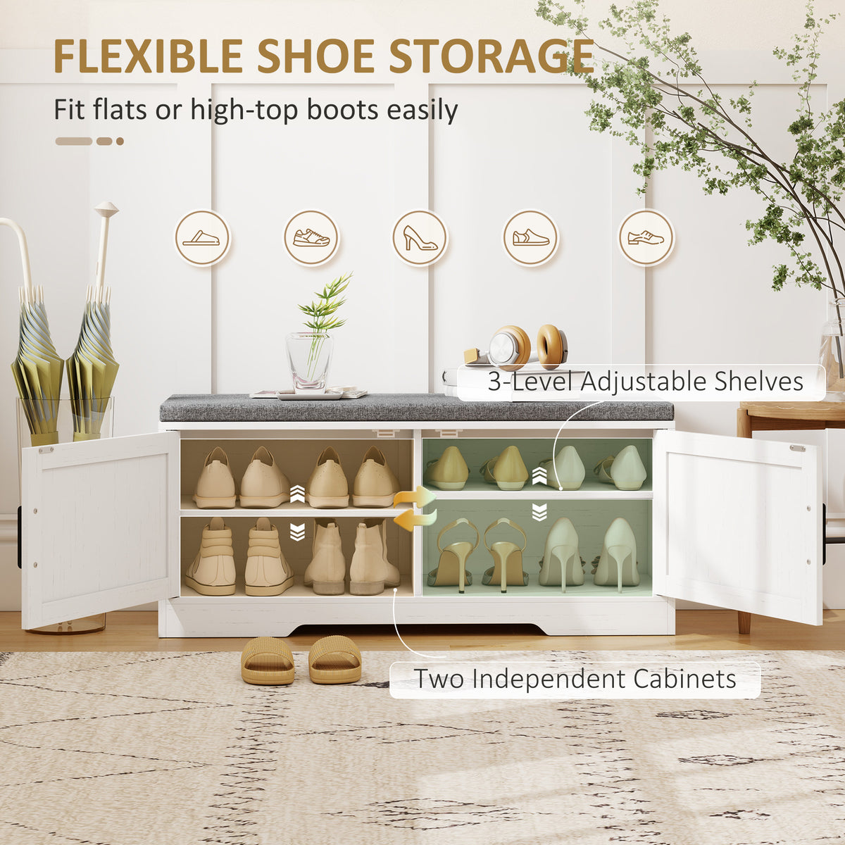 Shoe Storage Bench with Cushion and Doors - White-Home Furnishings > Storage & Organization > Shoe Storage Cabinets & Racks-DECOROLALA