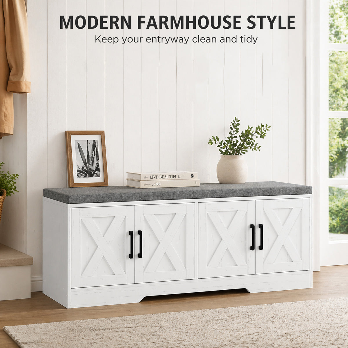 Shoe Storage Bench with Cushion and Doors - White-Home Furnishings > Storage & Organization > Shoe Storage Cabinets & Racks-DECOROLALA