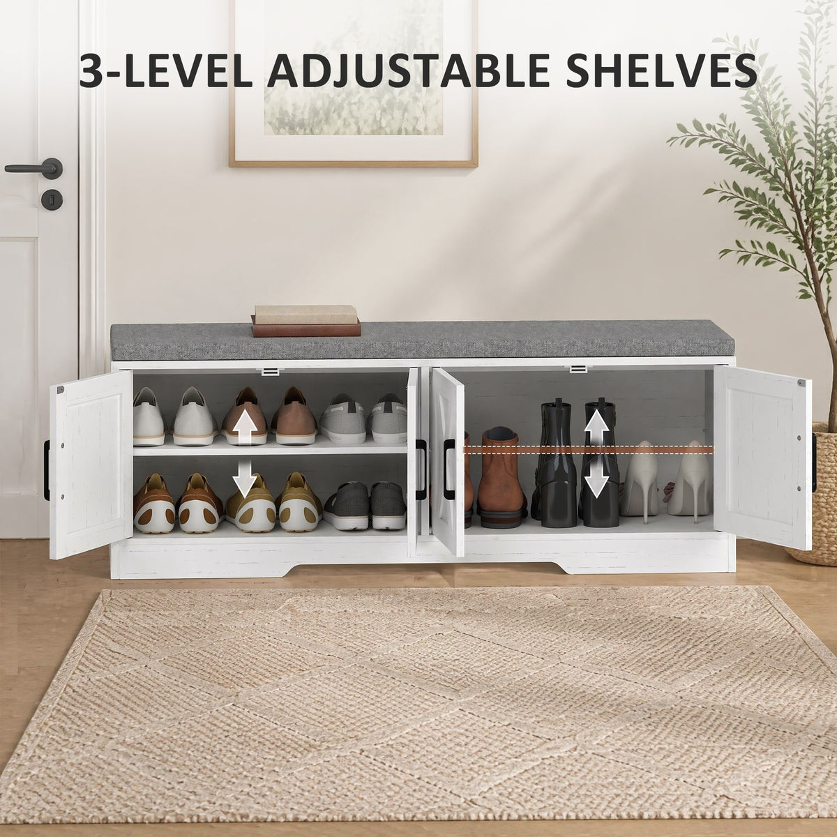 Shoe Storage Bench with Cushion and Doors - White-Home Furnishings > Storage & Organization > Shoe Storage Cabinets & Racks-DECOROLALA