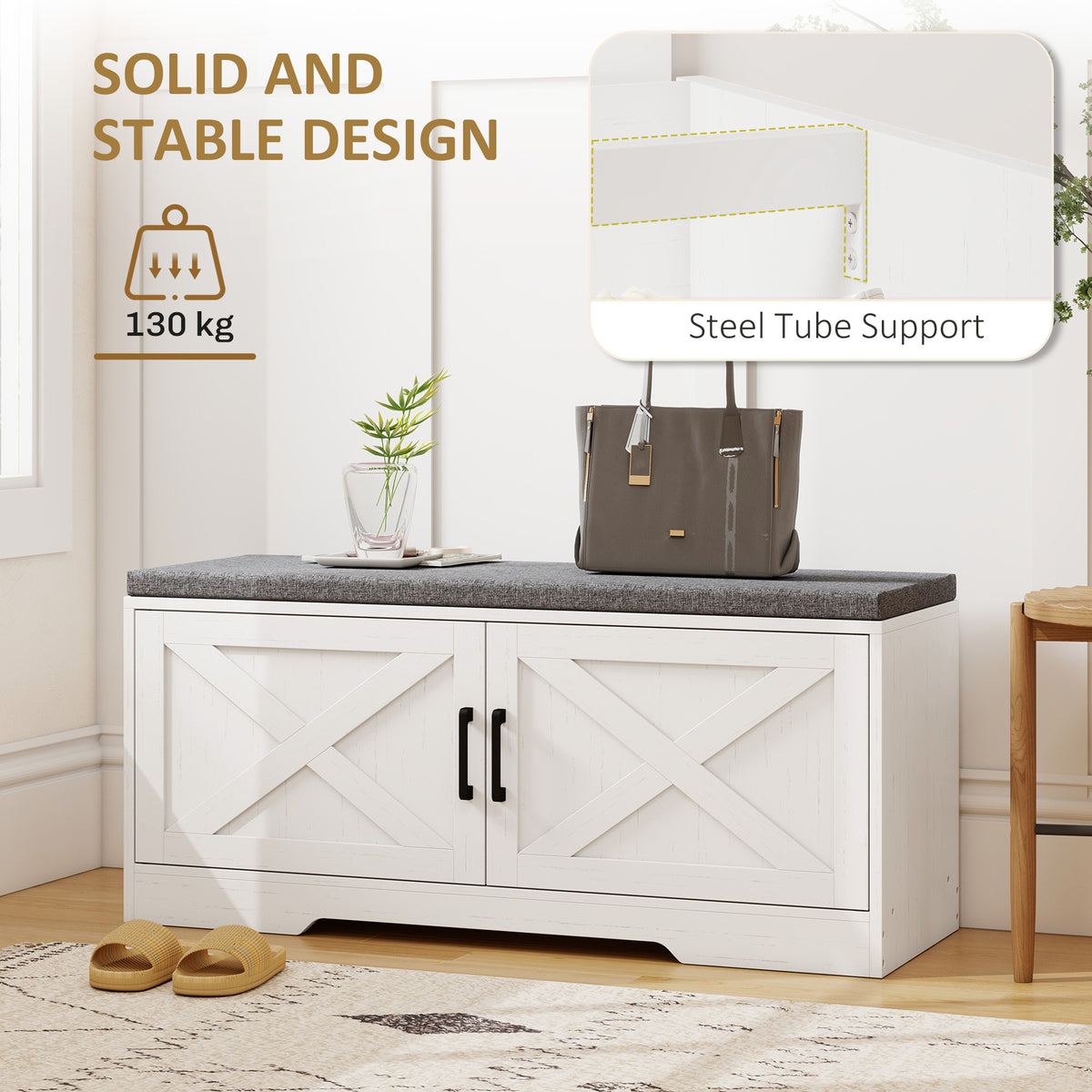 Shoe Storage Bench with Cushion and Doors - White-Home Furnishings > Storage & Organization > Shoe Storage Cabinets & Racks-DECOROLALA