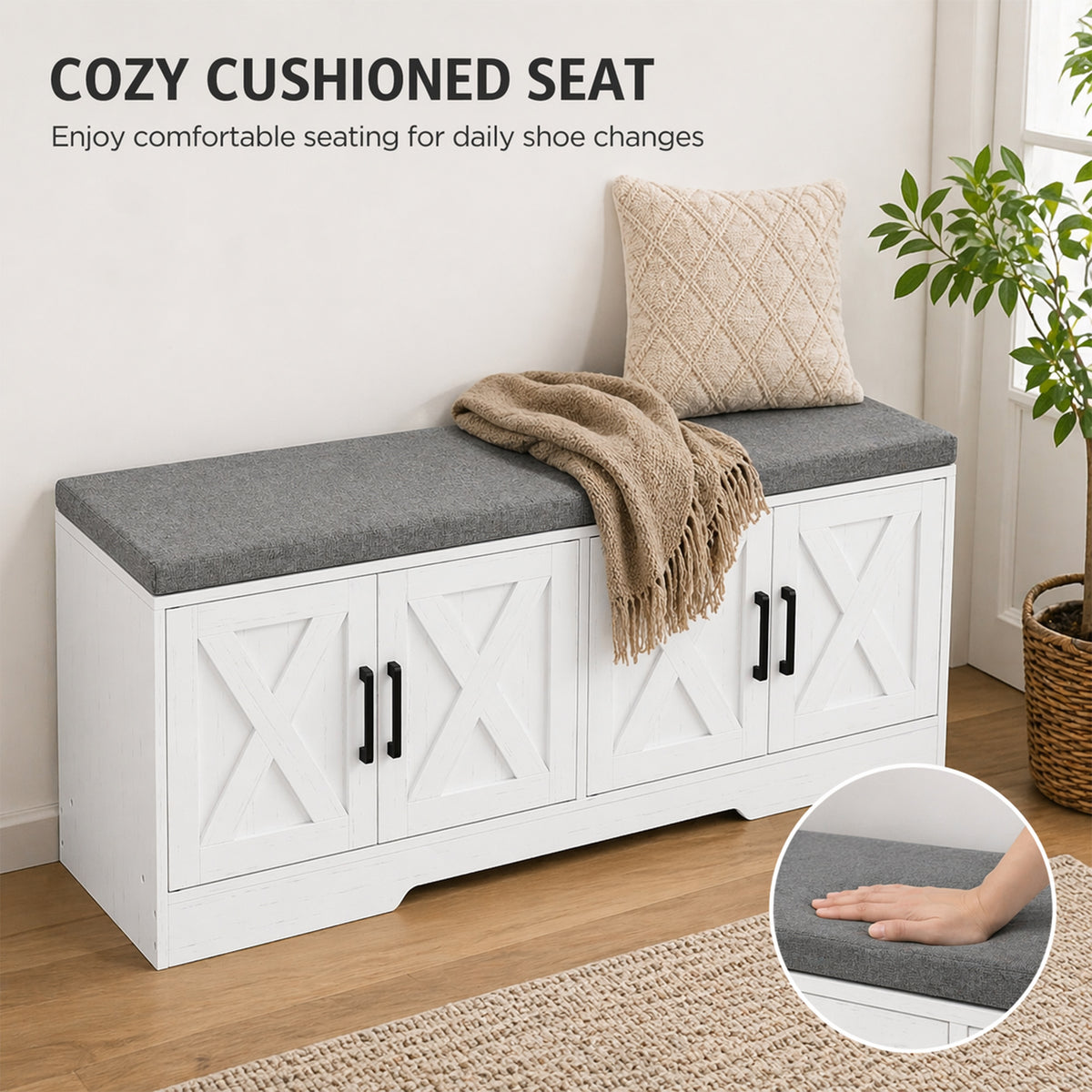 Shoe Storage Bench with Cushion and Doors - White-Home Furnishings > Storage & Organization > Shoe Storage Cabinets & Racks-DECOROLALA