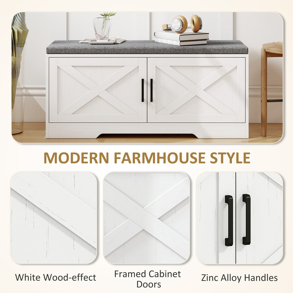 Shoe Storage Bench with Cushion and Doors - White-Home Furnishings > Storage & Organization > Shoe Storage Cabinets & Racks-DECOROLALA