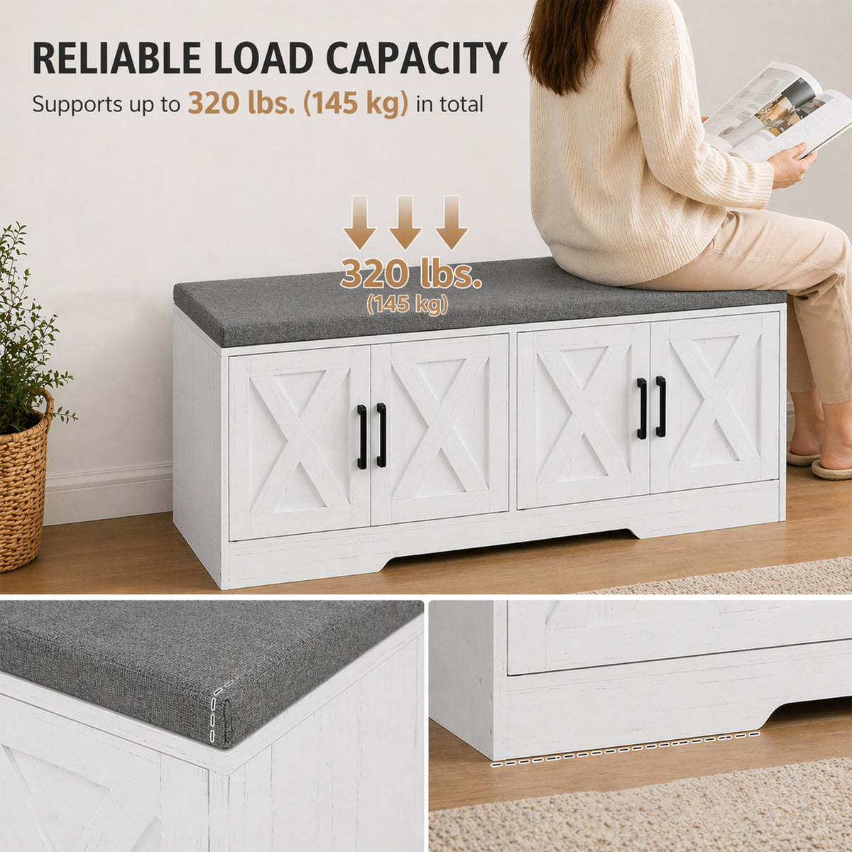 Shoe Storage Bench with Cushion and Doors - White-Home Furnishings > Storage & Organization > Shoe Storage Cabinets & Racks-DECOROLALA