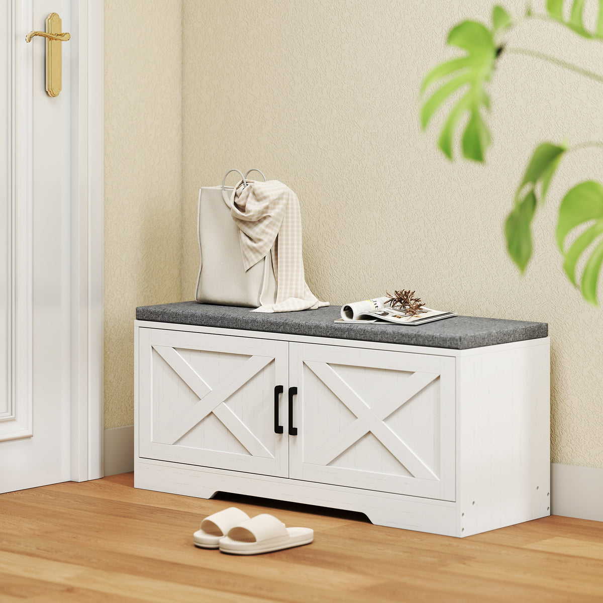 Shoe Storage Bench with Cushion and Doors - White-Home Furnishings > Storage & Organization > Shoe Storage Cabinets & Racks-DECOROLALA