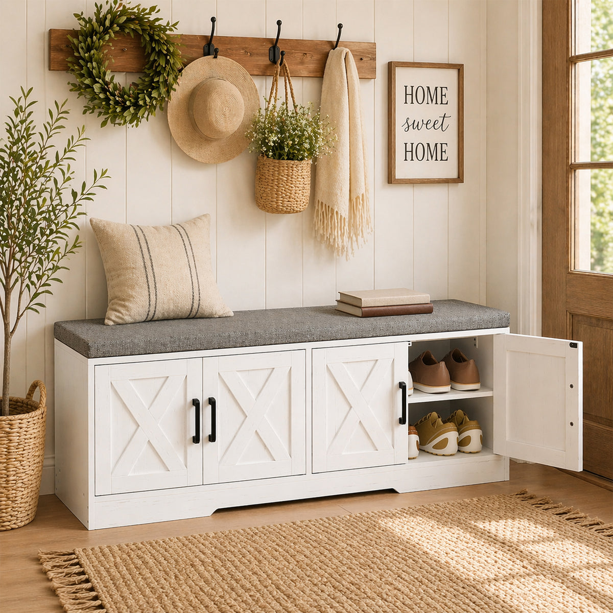 Shoe Storage Bench with Cushion and Doors - White-Home Furnishings > Storage & Organization > Shoe Storage Cabinets & Racks-DECOROLALA