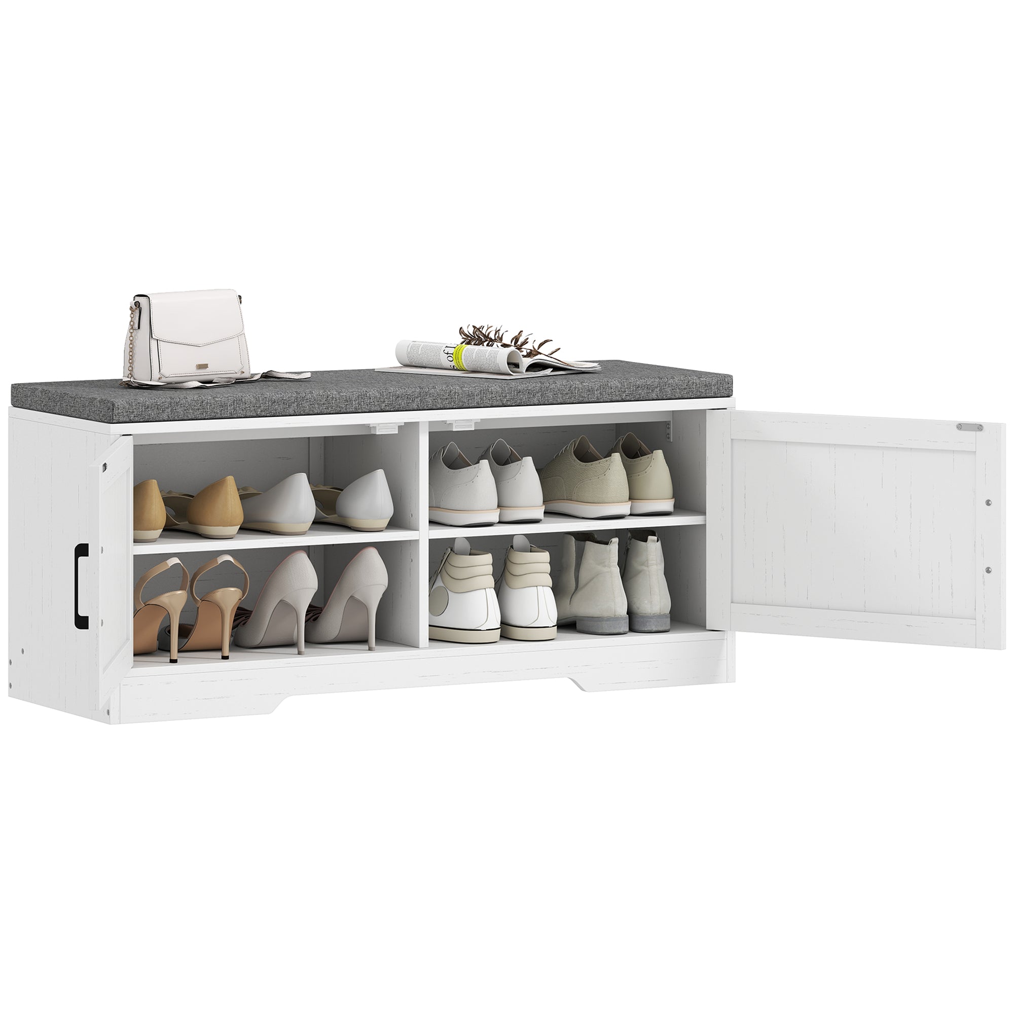 Shoe Storage Bench with Cushion and Doors - White-Home Furnishings > Storage & Organization > Shoe Storage Cabinets & Racks-DECOROLALA