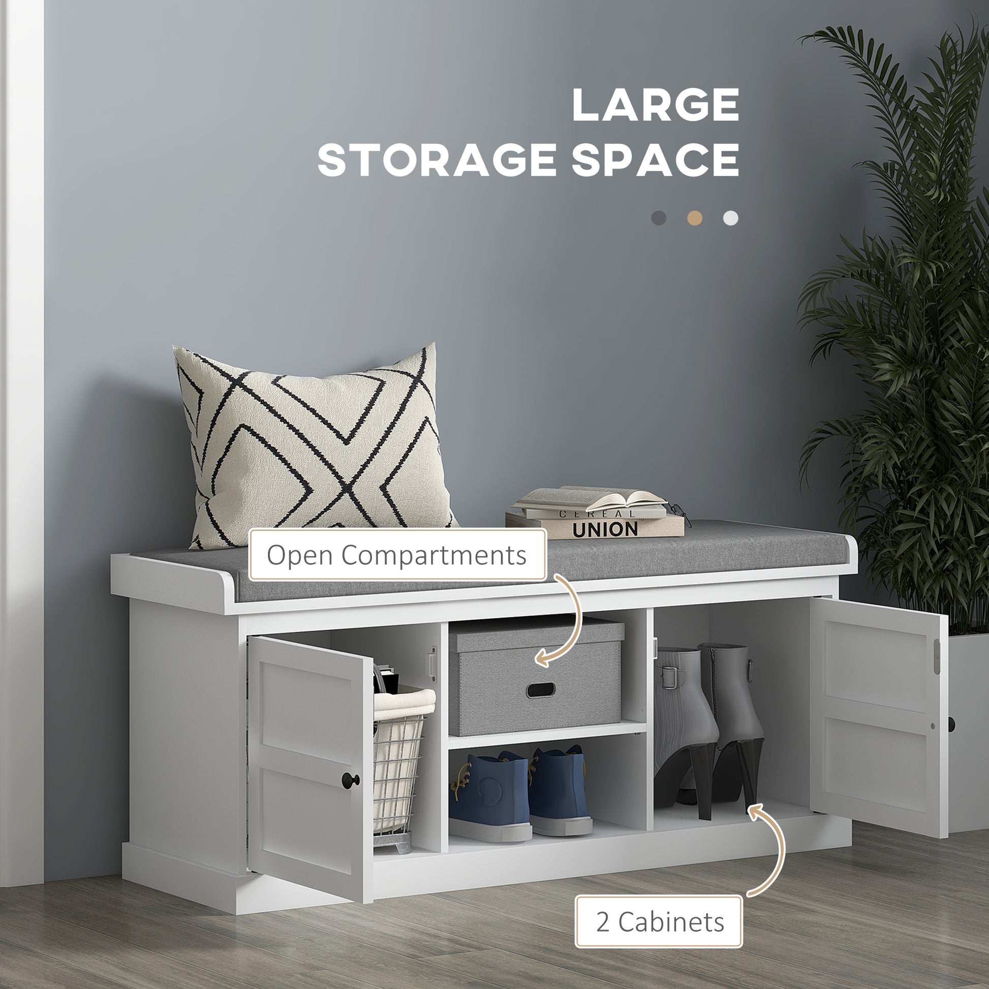 Shoe Storage Bench with Cushioned Seat, Entryway Bench Seat with 2 Cabinets and Adjustable Shelf for Hallway, White-Home Furnishings > Storage & Organization > Shoe Storage Cabinets & Racks-DECOROLALA