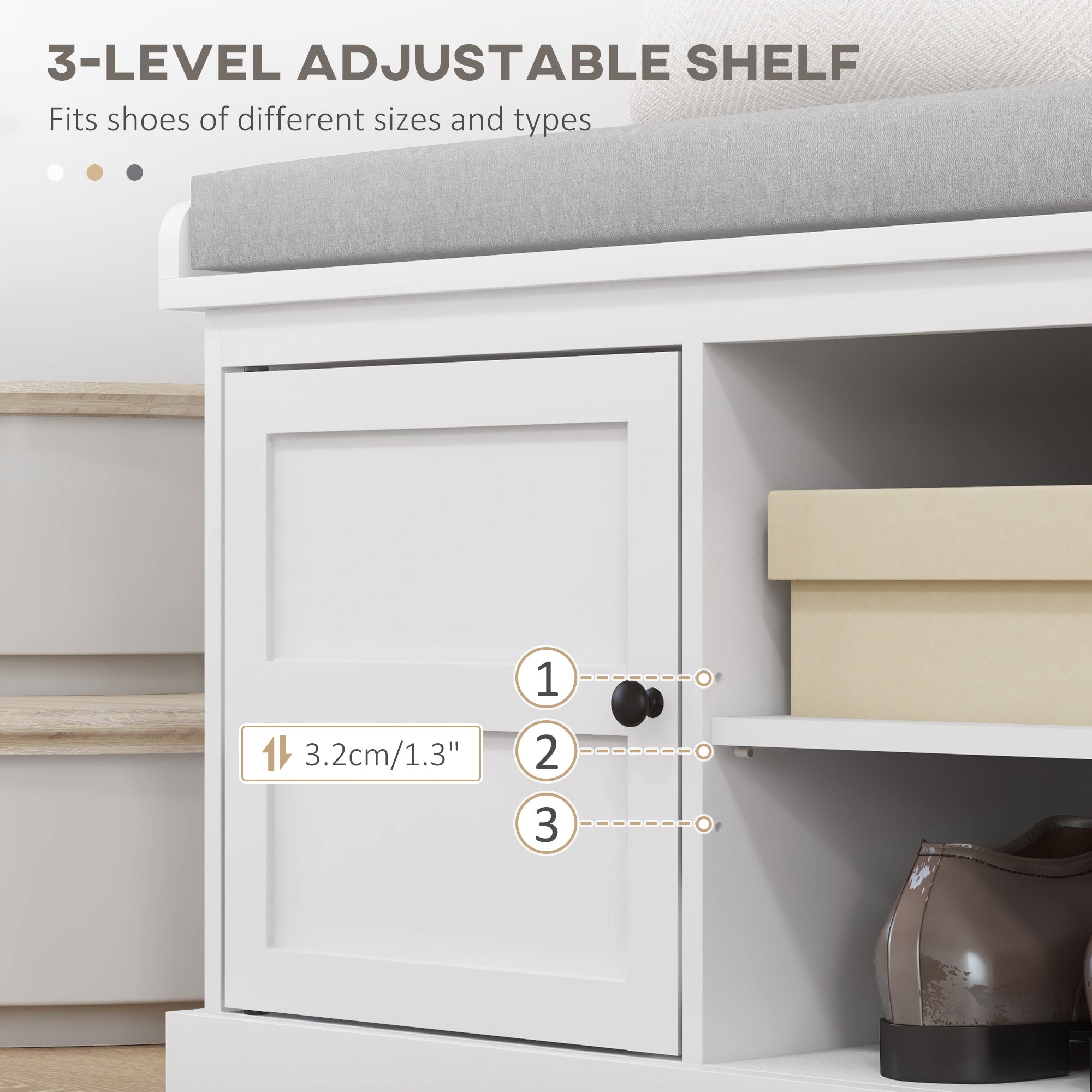 Shoe Storage Bench with Cushioned Seat, Entryway Bench Seat with 2 Cabinets and Adjustable Shelf for Hallway, White-Home Furnishings > Storage & Organization > Shoe Storage Cabinets & Racks-DECOROLALA
