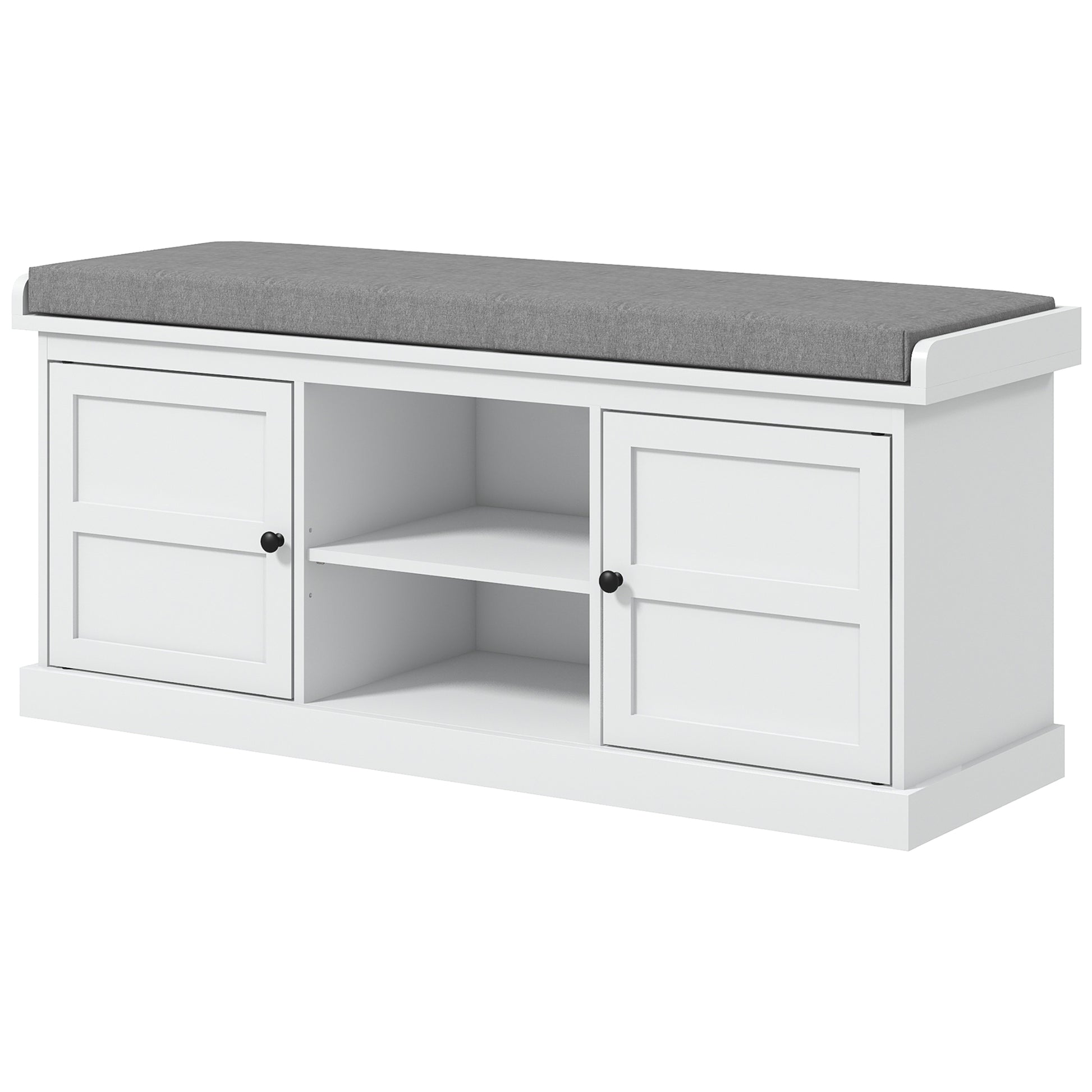 Shoe Storage Bench with Cushioned Seat, Entryway Bench Seat with 2 Cabinets and Adjustable Shelf for Hallway, White-Home Furnishings > Storage & Organization > Shoe Storage Cabinets & Racks-DECOROLALA