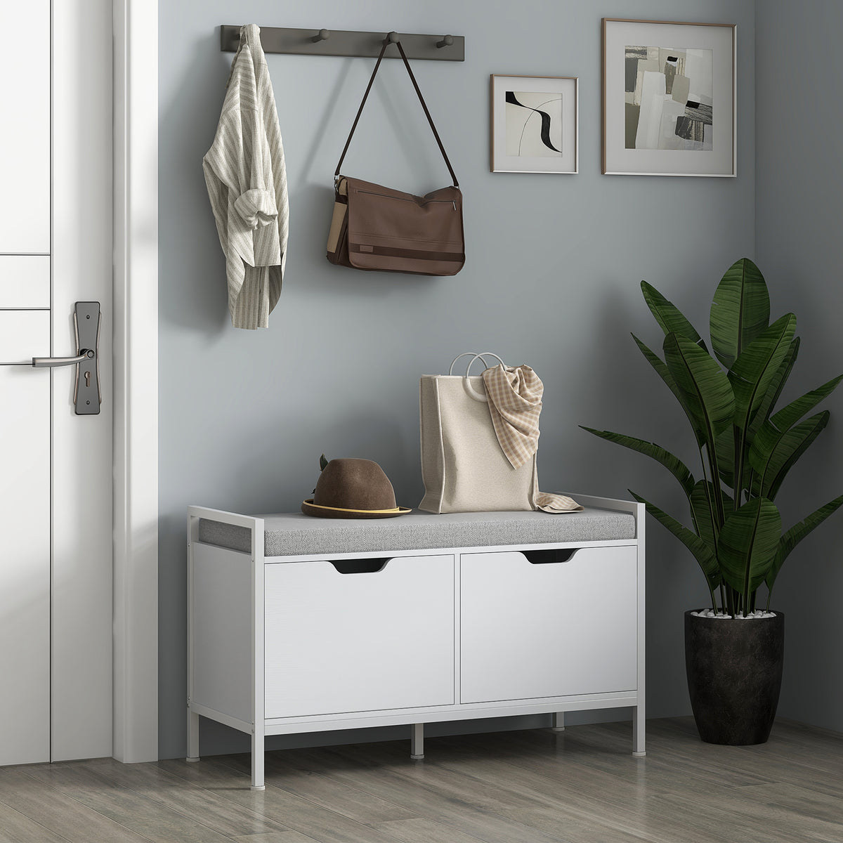 Shoe Storage Bench with Cushioned Seat - White 33" W-Home Furnishings > Storage & Organization > Shoe Storage Cabinets & Racks-DECOROLALA