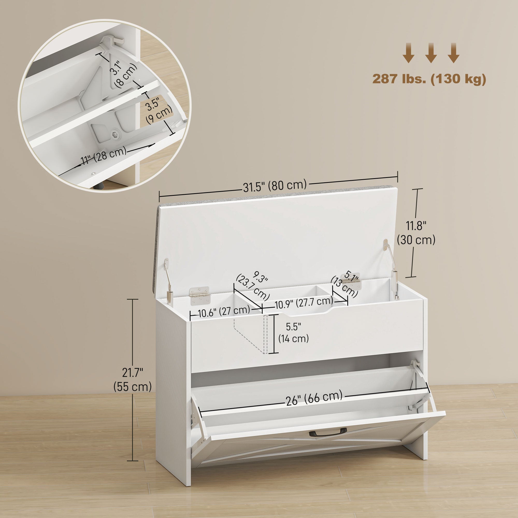 Shoe Storage Bench with Flip Drawer and Cushion - White-Home Furnishings > Storage & Organization > Shoe Storage Cabinets & Racks-DECOROLALA