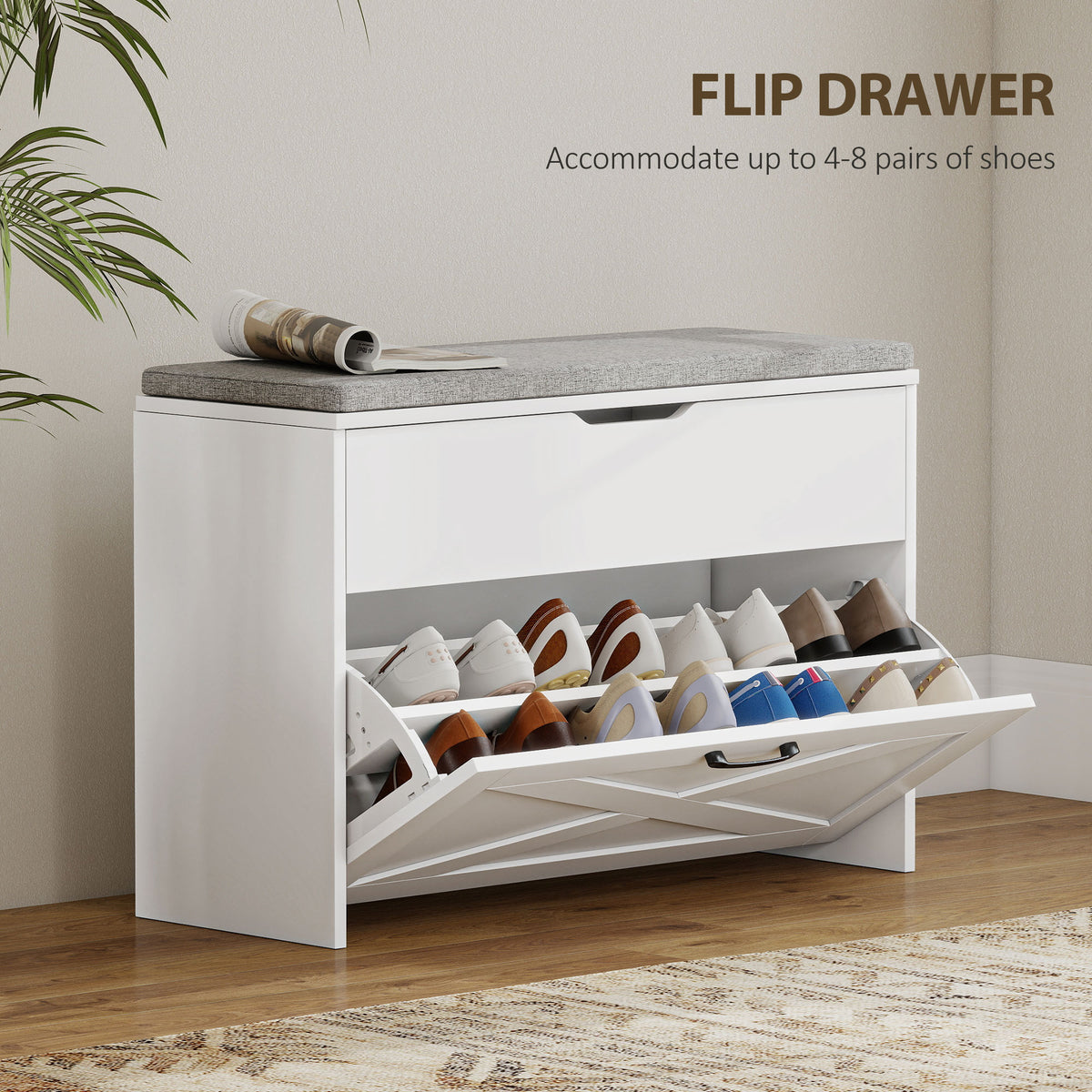 Shoe Storage Bench with Flip Drawer and Cushion - White-Home Furnishings > Storage & Organization > Shoe Storage Cabinets & Racks-DECOROLALA