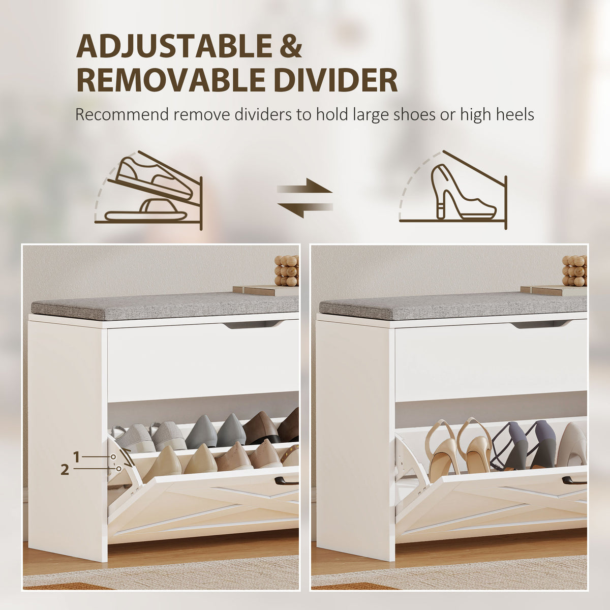 Shoe Storage Bench with Flip Drawer and Cushion - White-Home Furnishings > Storage & Organization > Shoe Storage Cabinets & Racks-DECOROLALA
