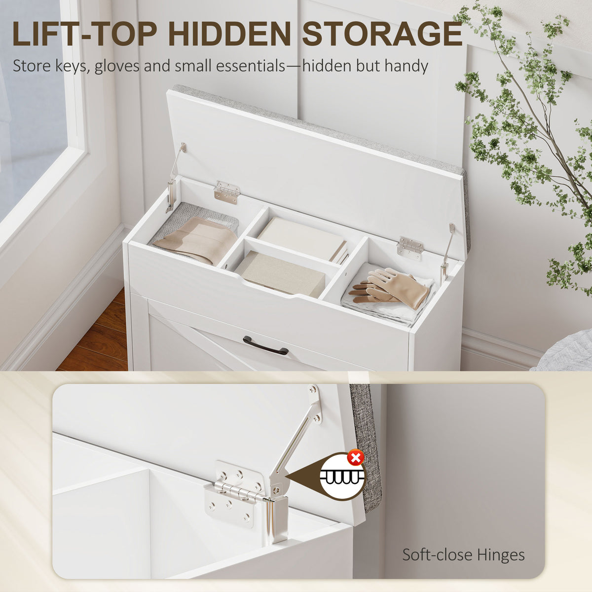Shoe Storage Bench with Flip Drawer and Cushion - White-Home Furnishings > Storage & Organization > Shoe Storage Cabinets & Racks-DECOROLALA