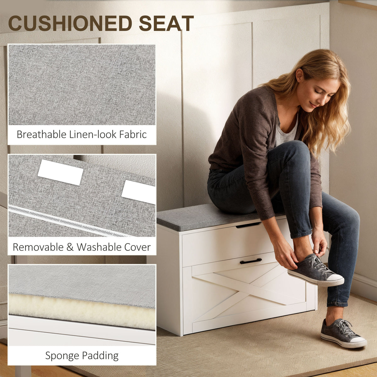 Shoe Storage Bench with Flip Drawer and Cushion - White-Home Furnishings > Storage & Organization > Shoe Storage Cabinets & Racks-DECOROLALA