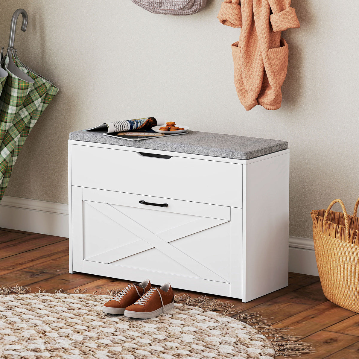 Shoe Storage Bench with Flip Drawer and Cushion - White-Home Furnishings > Storage & Organization > Shoe Storage Cabinets & Racks-DECOROLALA