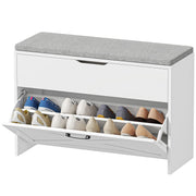 Shoe Storage Bench with Flip Drawer and Cushion - White-Home Furnishings > Storage & Organization > Shoe Storage Cabinets & Racks-DECOROLALA