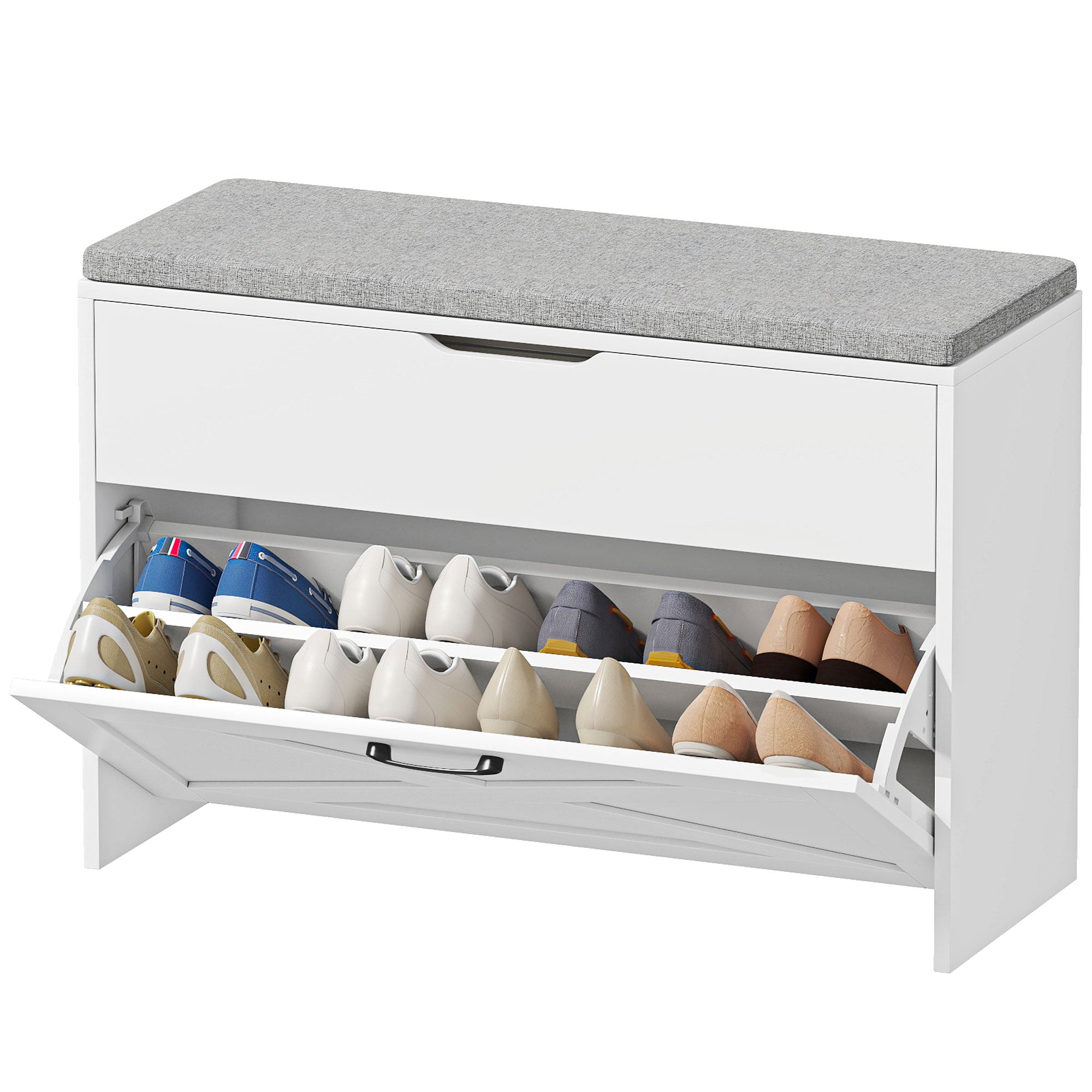 Shoe Storage Bench with Flip Drawer and Cushion - White-Home Furnishings > Storage & Organization > Shoe Storage Cabinets & Racks-DECOROLALA