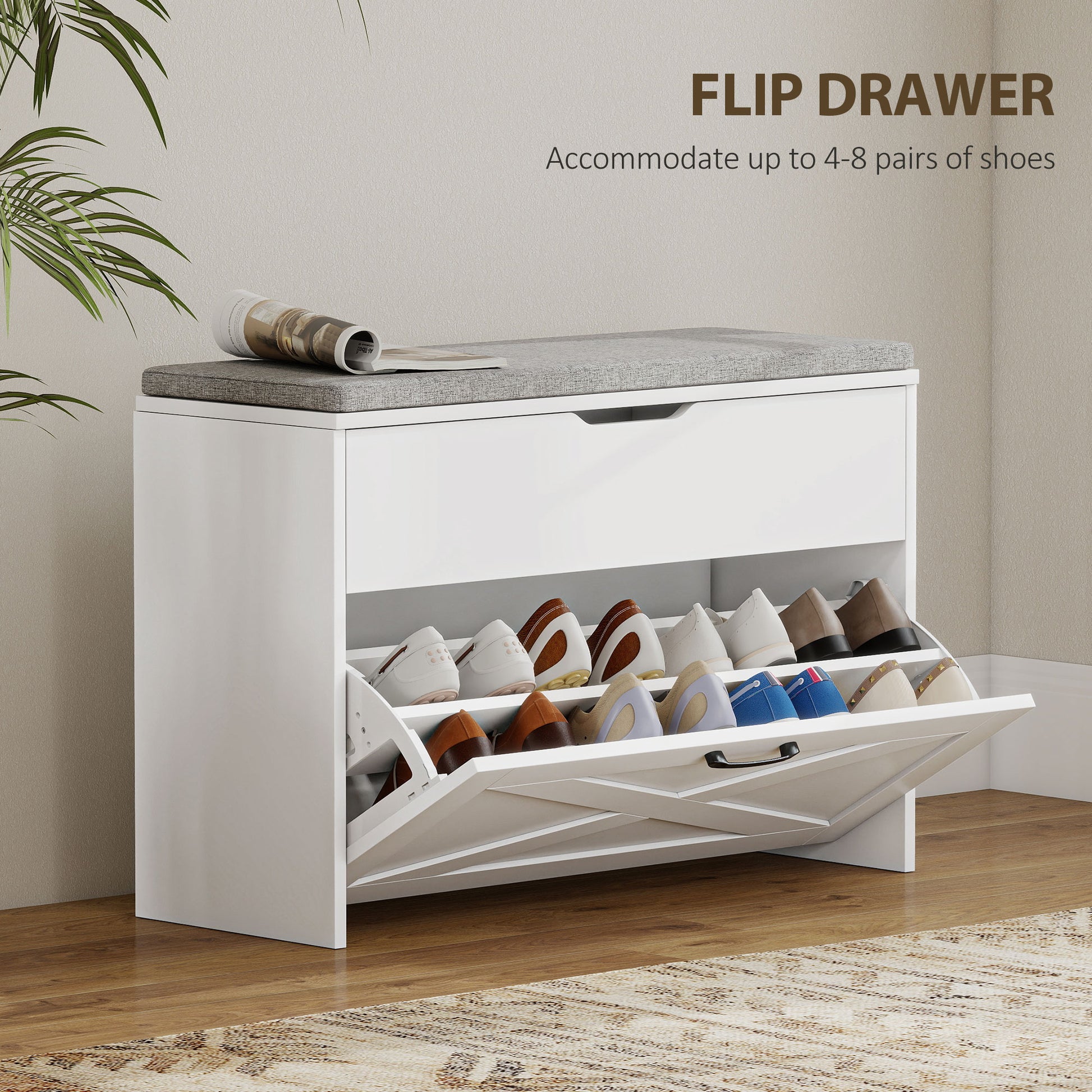 Shoe Storage Bench with Flip Drawer and Lift Top Storage, Entryway Bench with Seat Cushion for Hallway, White-Home Furnishings > Storage & Organization > Shoe Storage Cabinets & Racks-DECOROLALA