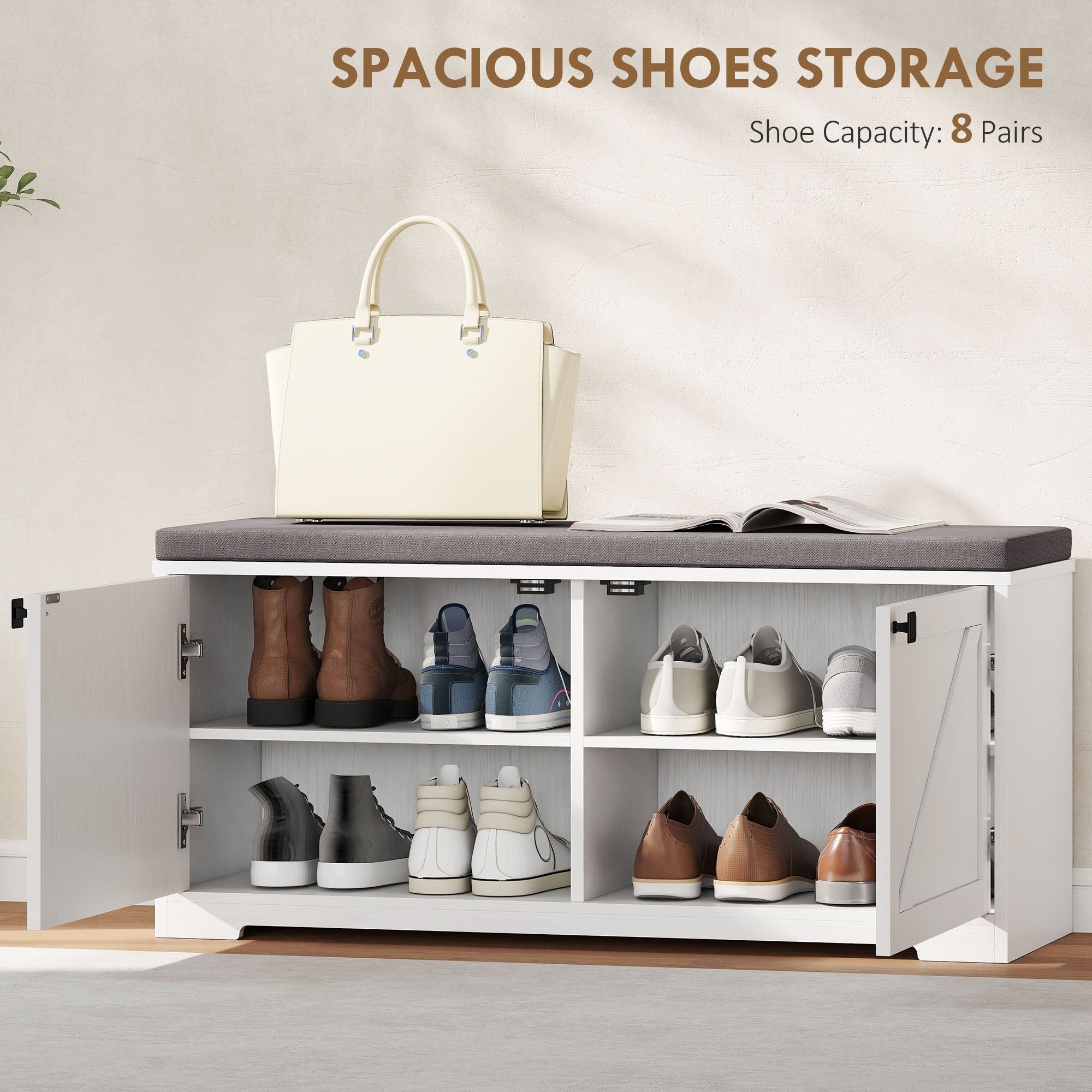 Shoe Storage Bench with Padded Seat, Entryway Bench Holds up to 352 lb, Shoe Organizer, 8 Pairs, White Wood Grain-Home Furnishings > Storage & Organization > Shoe Storage Cabinets & Racks-DECOROLALA
