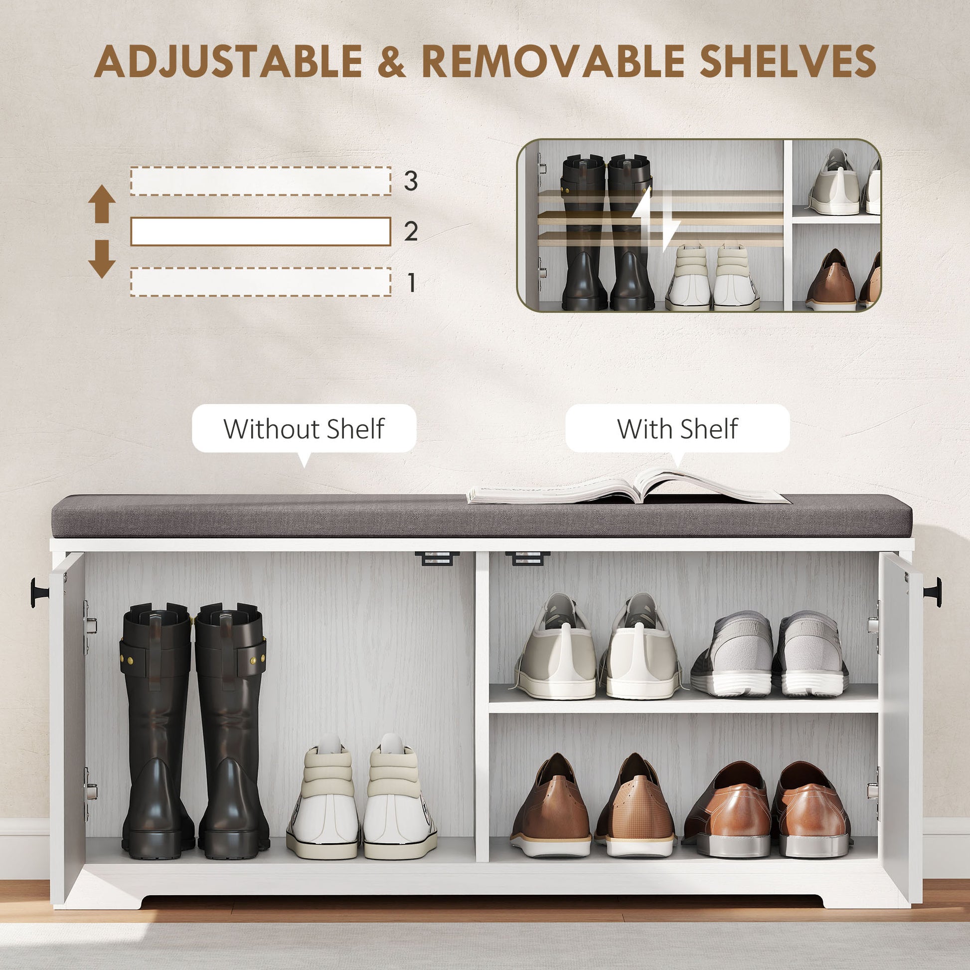 Shoe Storage Bench with Padded Seat, Entryway Bench Holds up to 352 lb, Shoe Organizer, 8 Pairs, White Wood Grain-Home Furnishings > Storage & Organization > Shoe Storage Cabinets & Racks-DECOROLALA