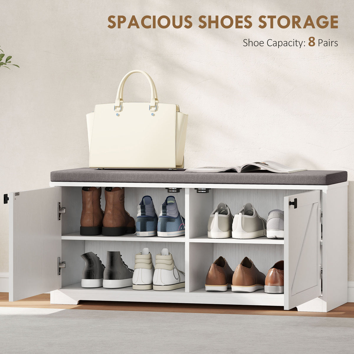 Shoe Storage Bench with Padded Seat - White Wood Grain-Home Furnishings > Storage & Organization > Shoe Storage Cabinets & Racks-DECOROLALA