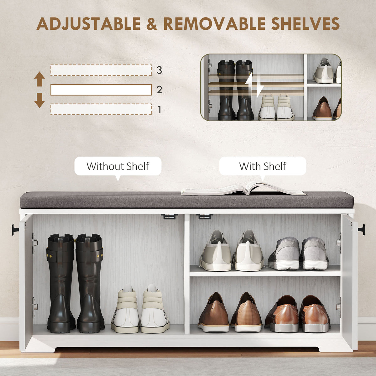 Shoe Storage Bench with Padded Seat - White Wood Grain-Home Furnishings > Storage & Organization > Shoe Storage Cabinets & Racks-DECOROLALA