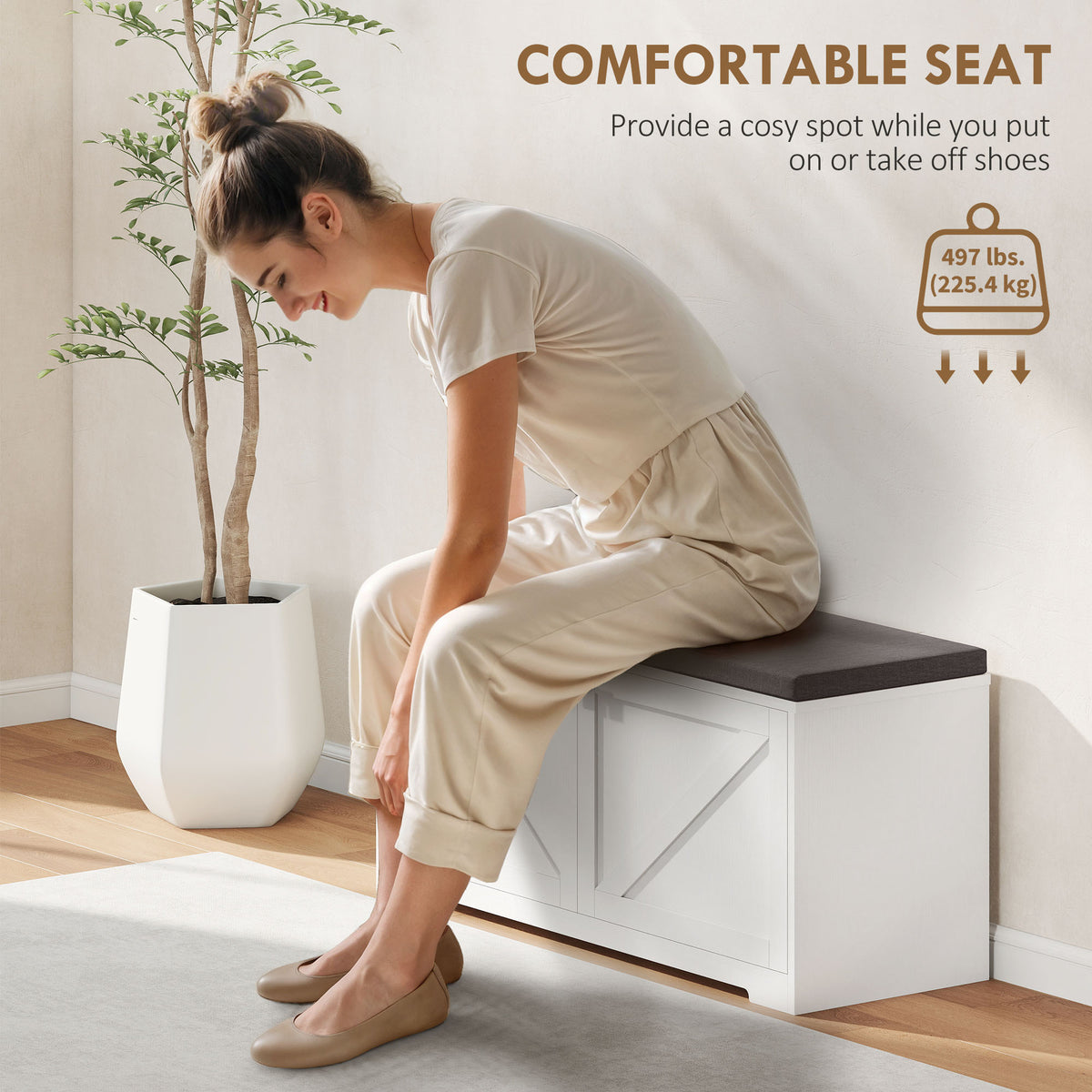 Shoe Storage Bench with Padded Seat - White Wood Grain-Home Furnishings > Storage & Organization > Shoe Storage Cabinets & Racks-DECOROLALA