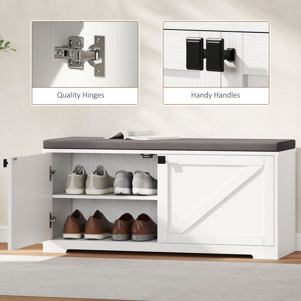 Shoe Storage Bench with Padded Seat - White Wood Grain-Home Furnishings > Storage & Organization > Shoe Storage Cabinets & Racks-DECOROLALA
