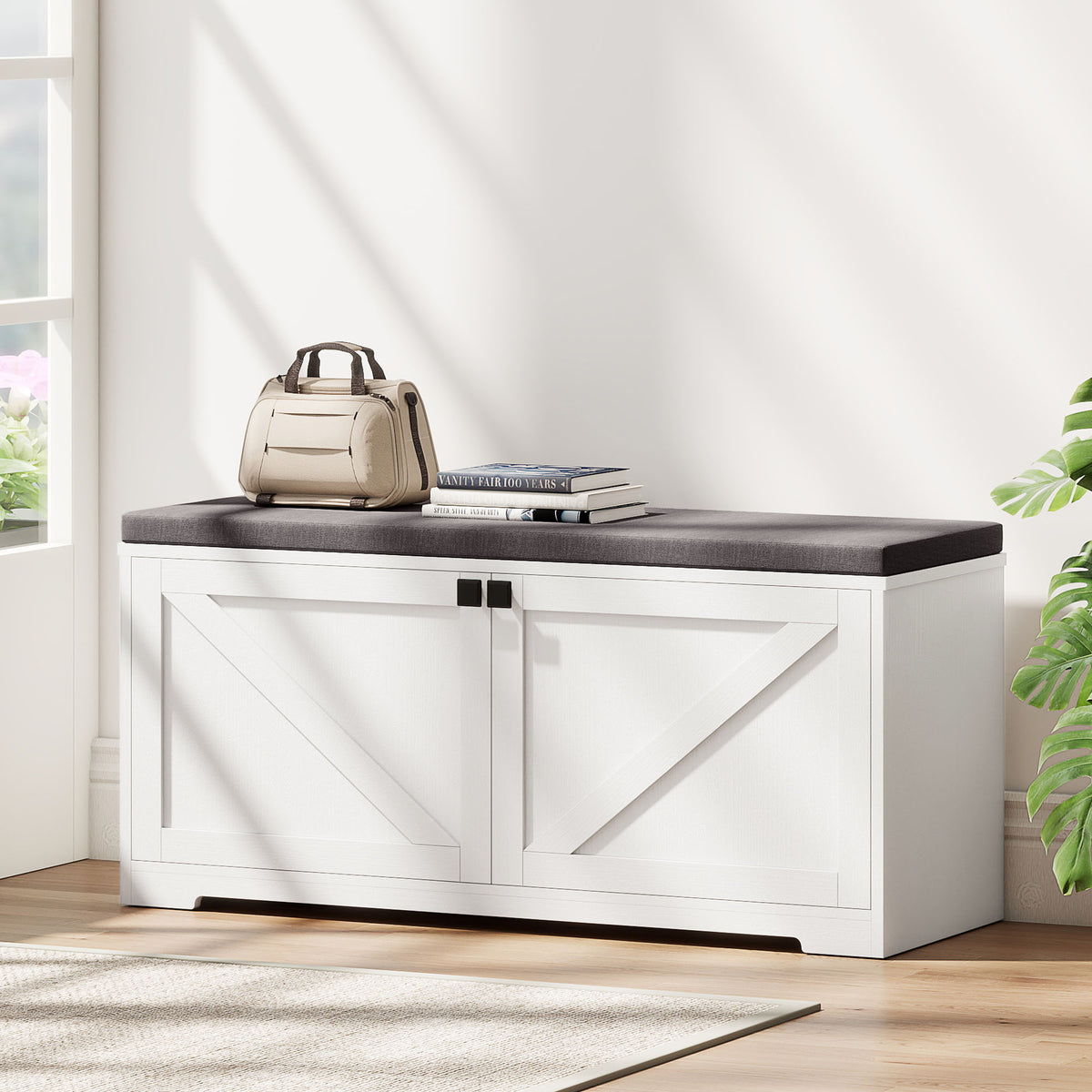 Shoe Storage Bench with Padded Seat - White Wood Grain-Home Furnishings > Storage & Organization > Shoe Storage Cabinets & Racks-DECOROLALA