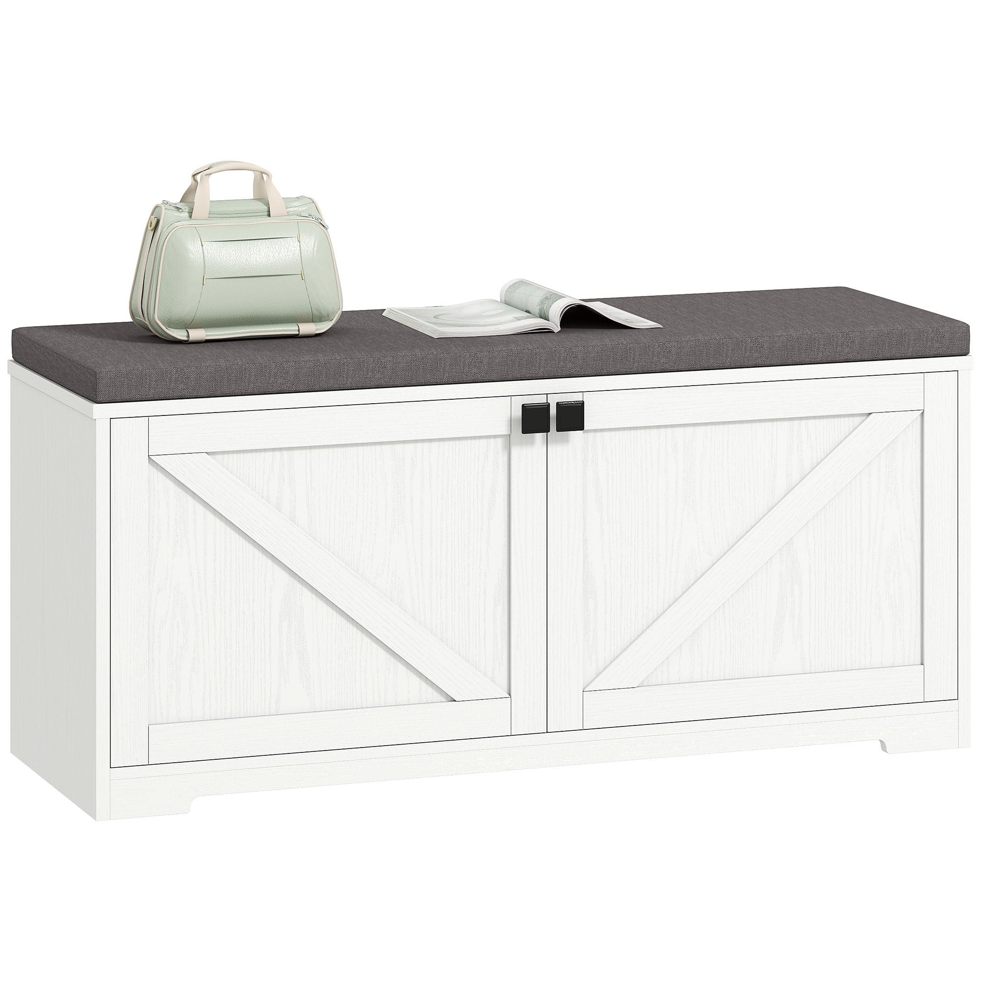 Shoe Storage Bench with Padded Seat - White Wood Grain-Home Furnishings > Storage & Organization > Shoe Storage Cabinets & Racks-DECOROLALA